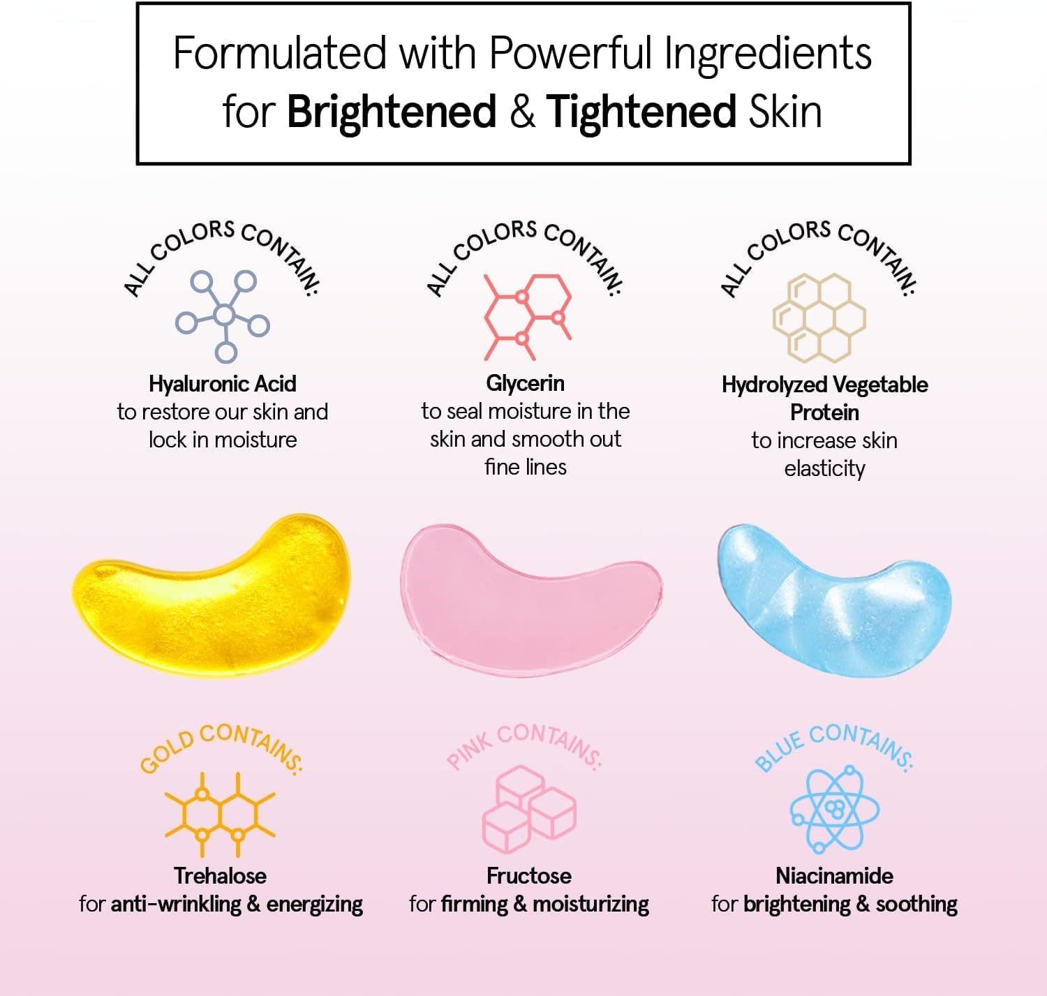 Ingredient chart listing hyaluronic acid, glycerin, hydrolyzed vegetable protein and trehalose