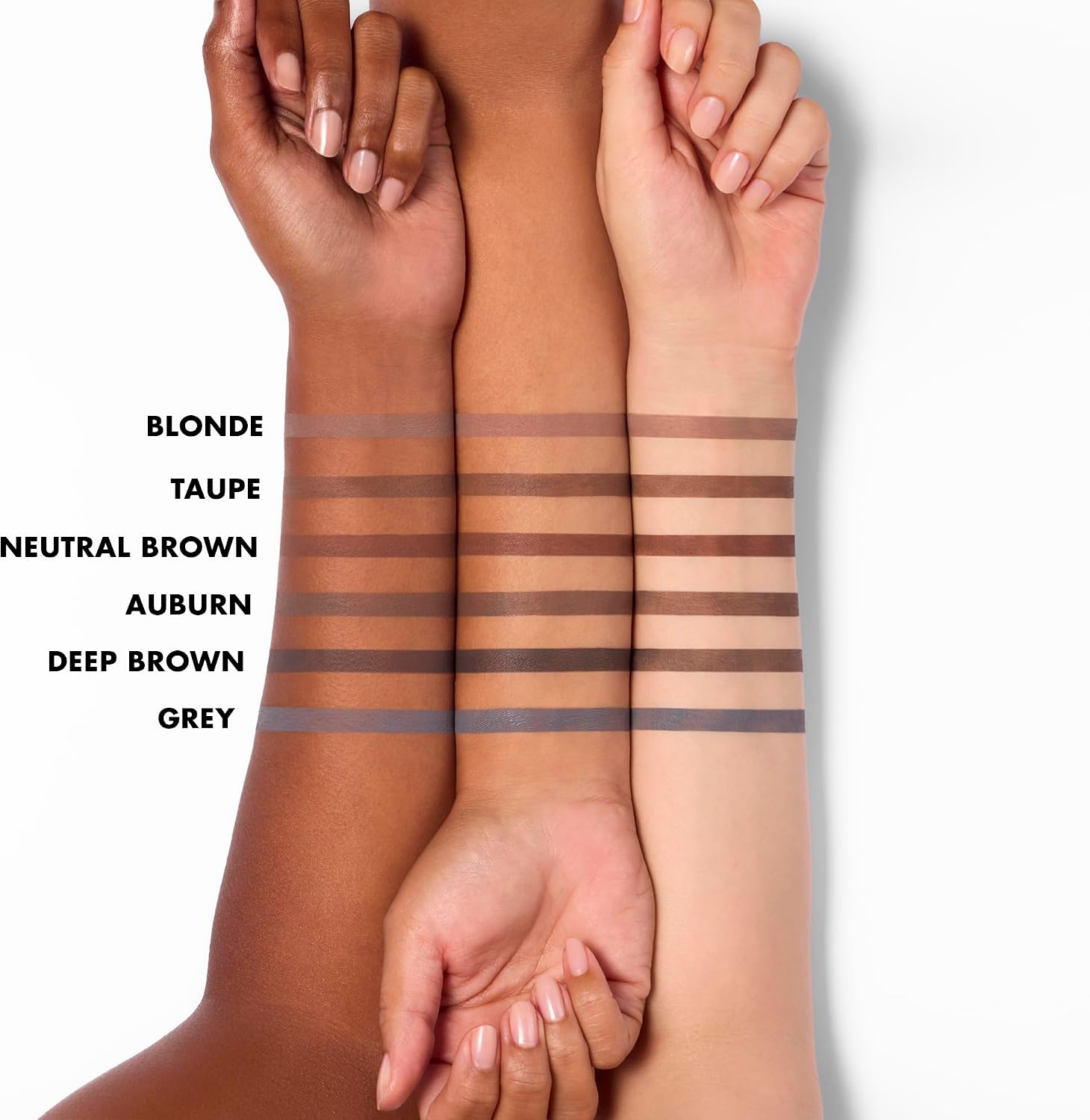 Arm swatches of all six e.l.f. Instant Lift Waterproof Brow Pencil shades, Blonde, Taupe, Neutral Brown, Auburn, Deep Brown and Grey, on three skin tones
