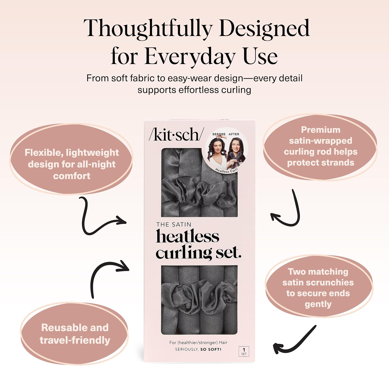 Kitsch packaging callouts highlighting the flexible lightweight design, satin-wrapped rod and two matching scrunchies