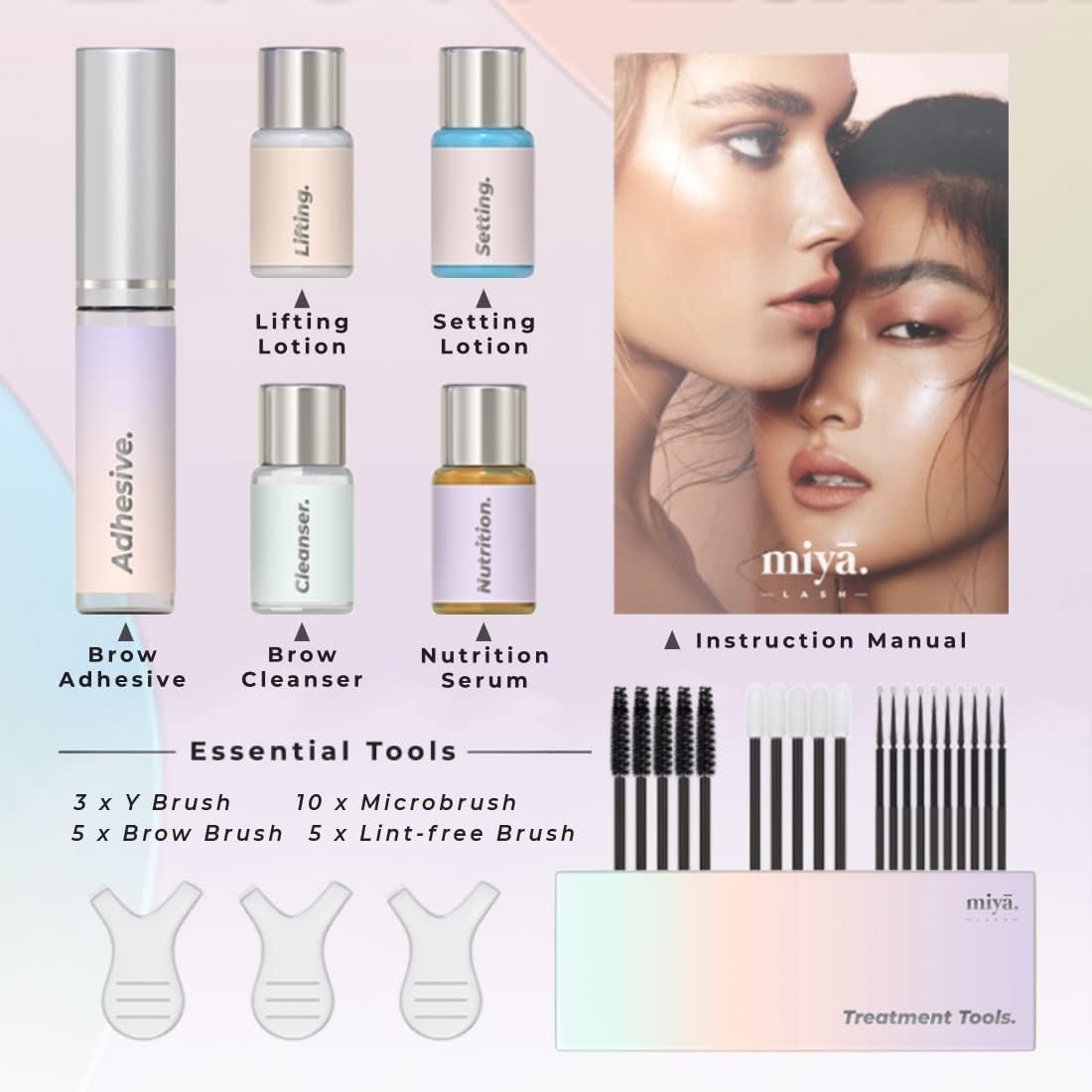 Labelled MIYA LASH kit components: brow adhesive, lifting lotion, setting lotion, brow cleanser, nutrition serum, instruction manual, Y-brushes, brow brushes, microbrushes and lint-free brushes