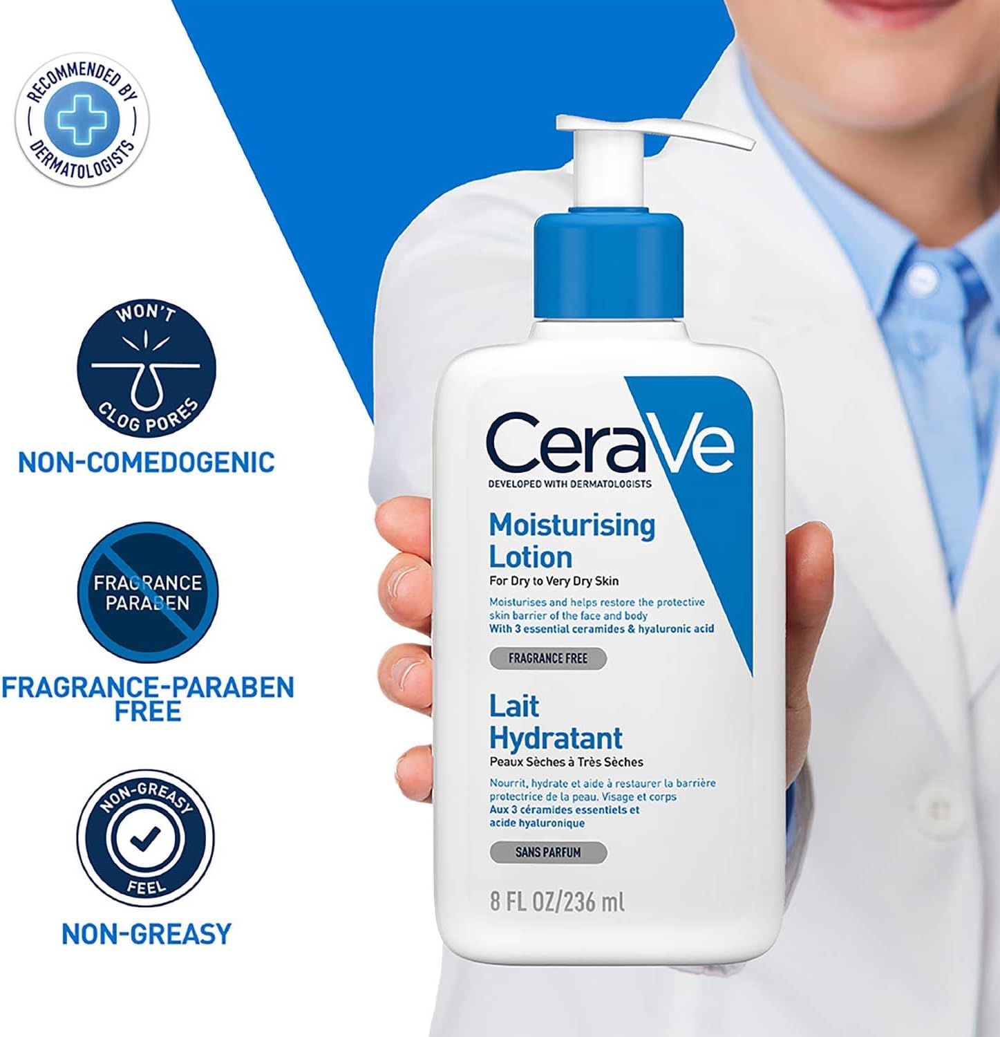 CeraVe Moisturising Lotion held by a person in a white coat beside non-comedogenic, fragrance and paraben free, and non-greasy icons