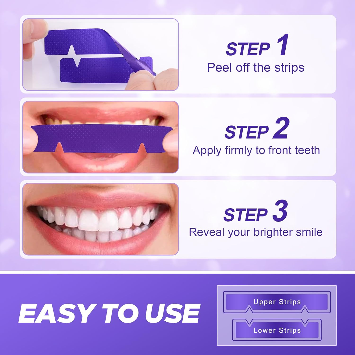 Three step application guide showing a strip being peeled from its backing and pressed onto the front teeth