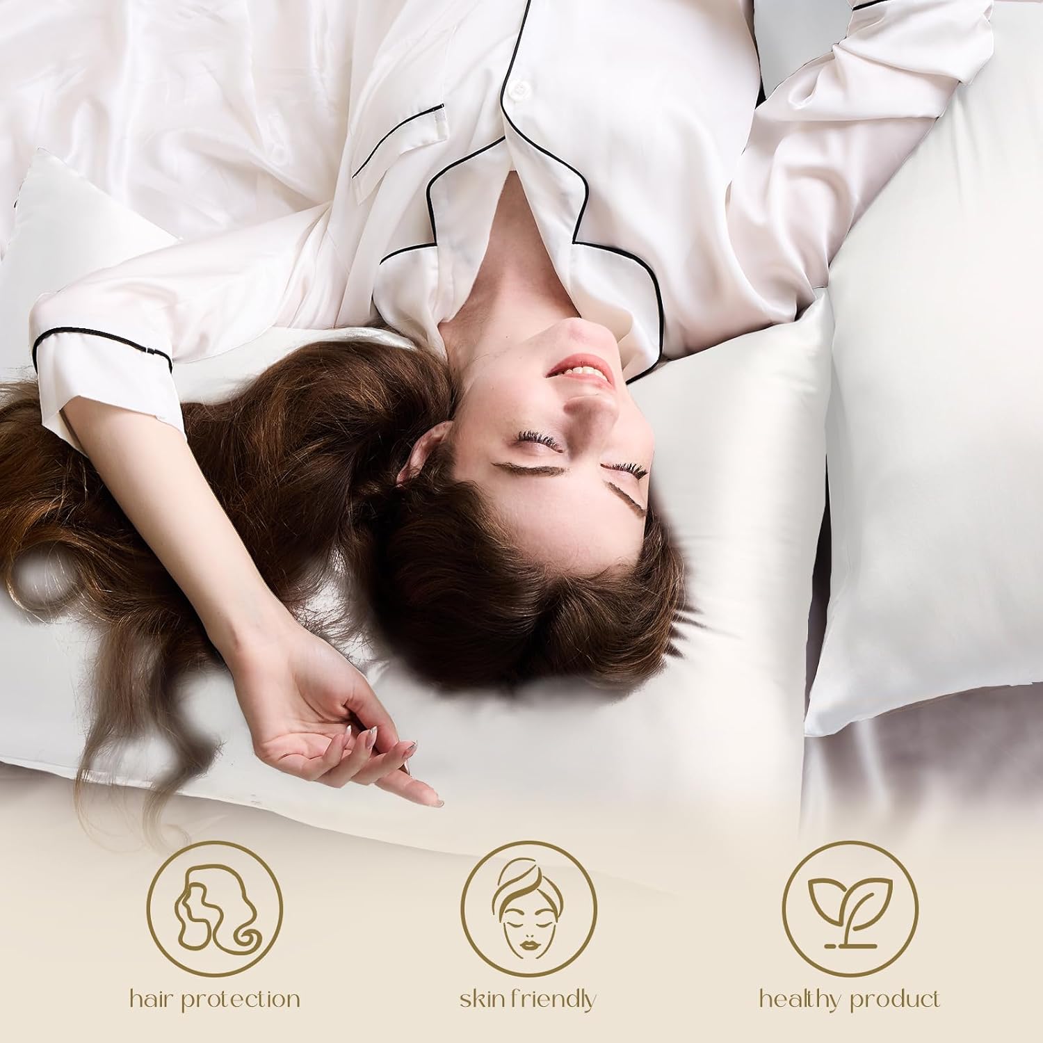 Sleeper lying across ZIMASILK silk pillowcases above hair protection and skin friendly icons