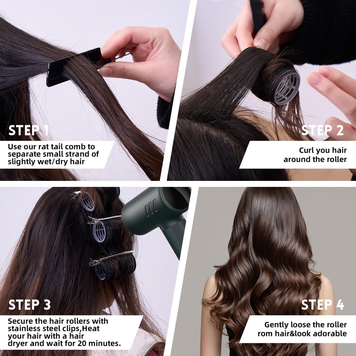 Four step listing guide: section hair with the rat tail comb, wind it onto the roller, clip and dry for 20 minutes, then unwind