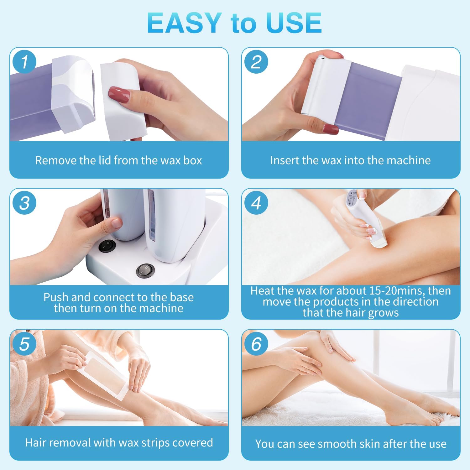 Jiasheng listing instruction panel headed EASY to USE, six steps from removing the cartridge lid to smooth skin, with step 4 stating heat the wax for about 15-20 mins