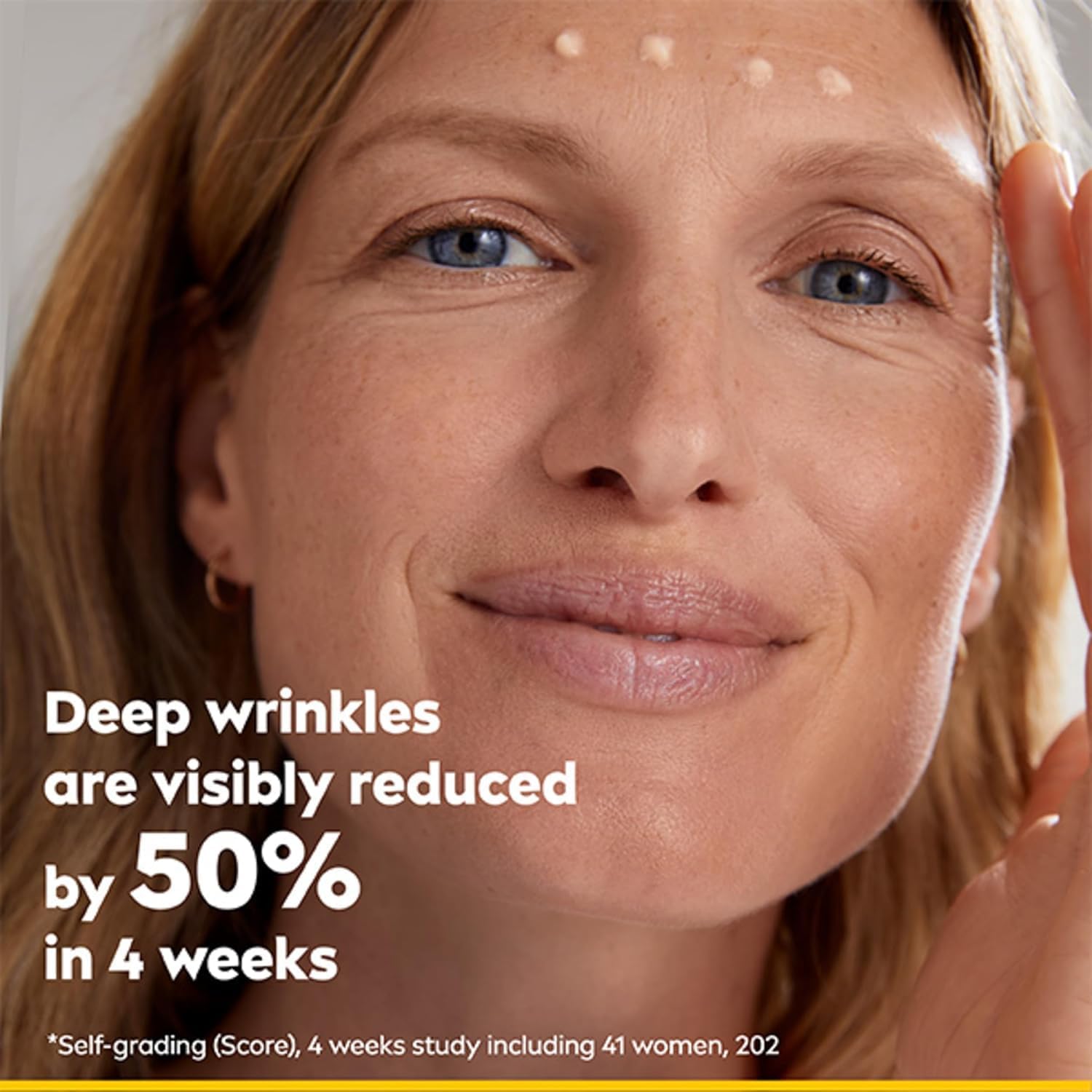 Close-up application of NIVEA Q10 serum near eye area showing deep wrinkle treatment