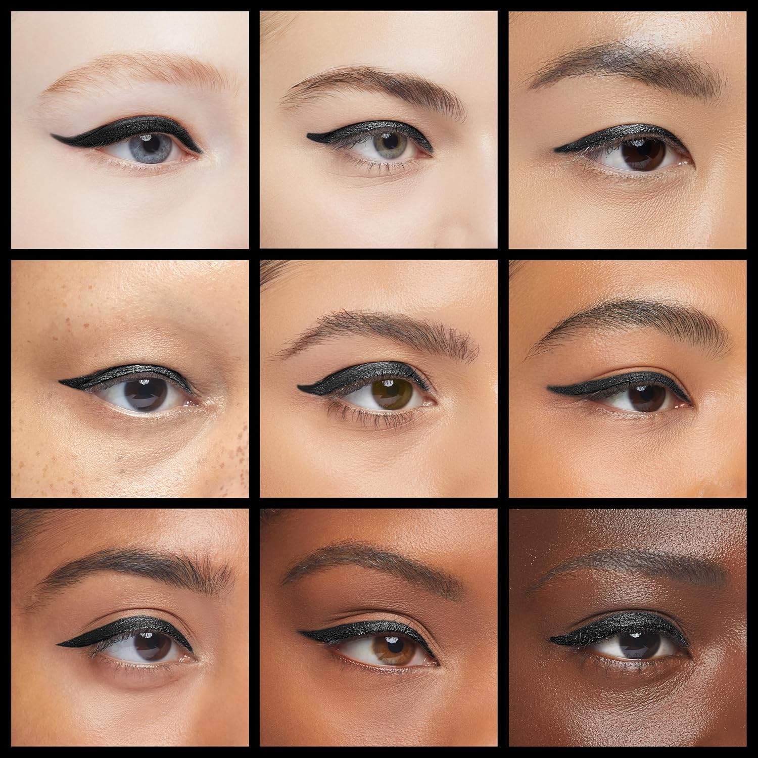 Grid of nine eye makeup looks on various skin tones showing Rimmel Soft Kohl eyeliner versatility