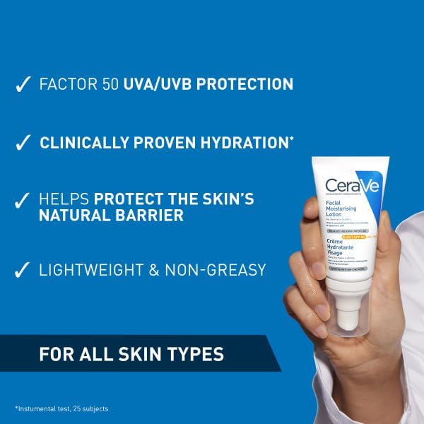 CeraVe AM SPF 50 key benefits infographic highlighting broad-spectrum UV protection, ceramides, and lightweight formula