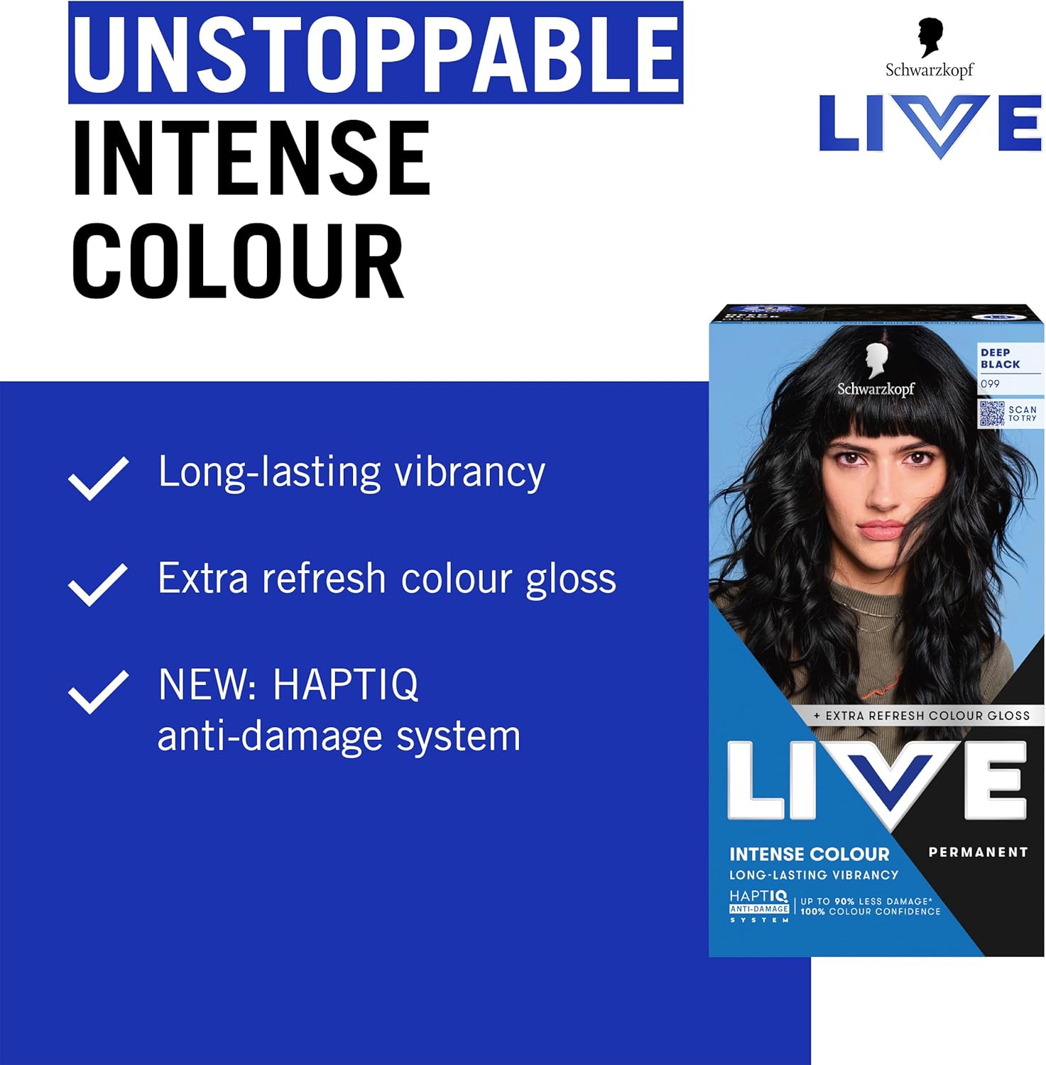 Schwarzkopf LIVE unstoppable intense colour marketing panel highlighting key features