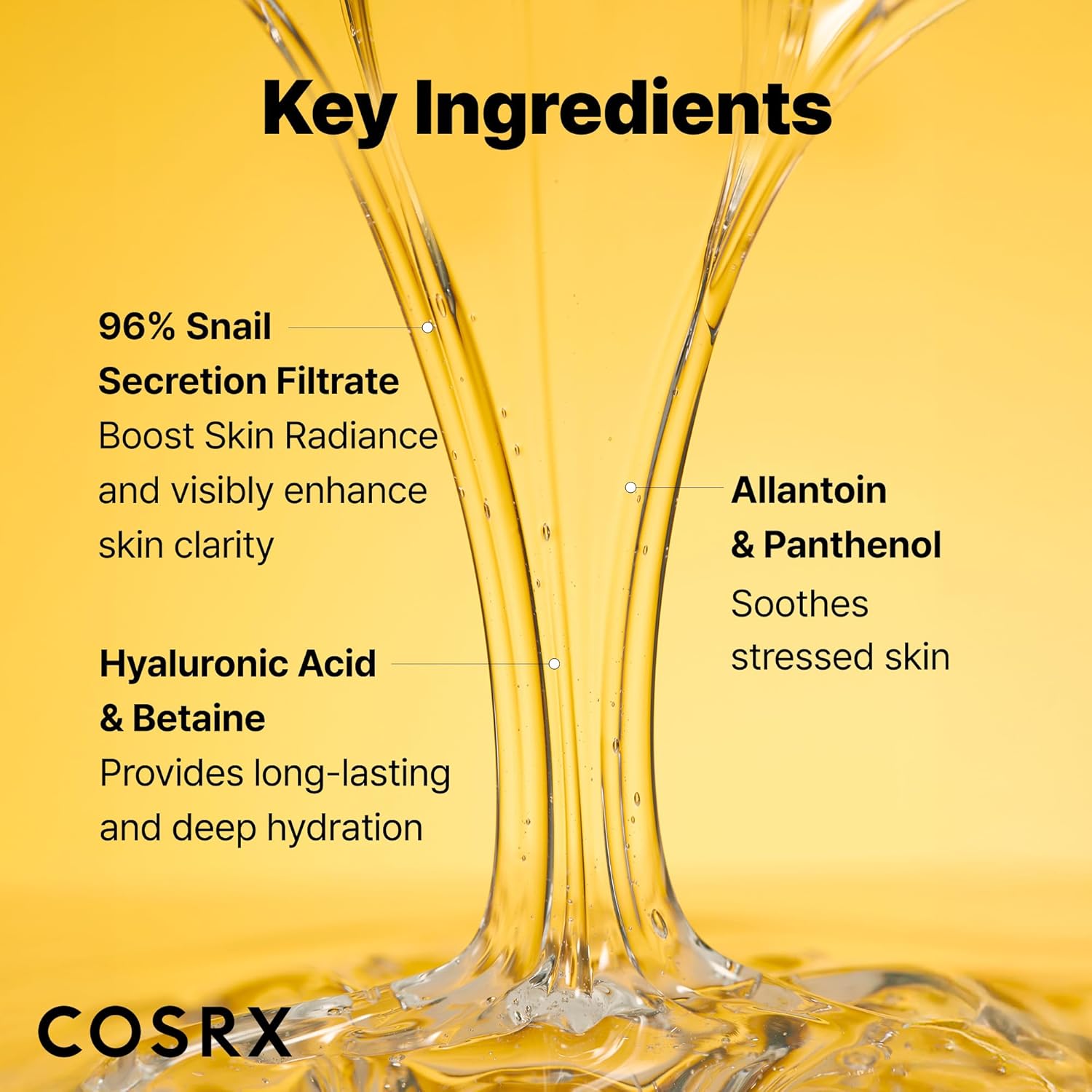 COSRX Snail Mucin key ingredients infographic showing 96% snail secretion filtrate, hyaluronic acid, and allantoin