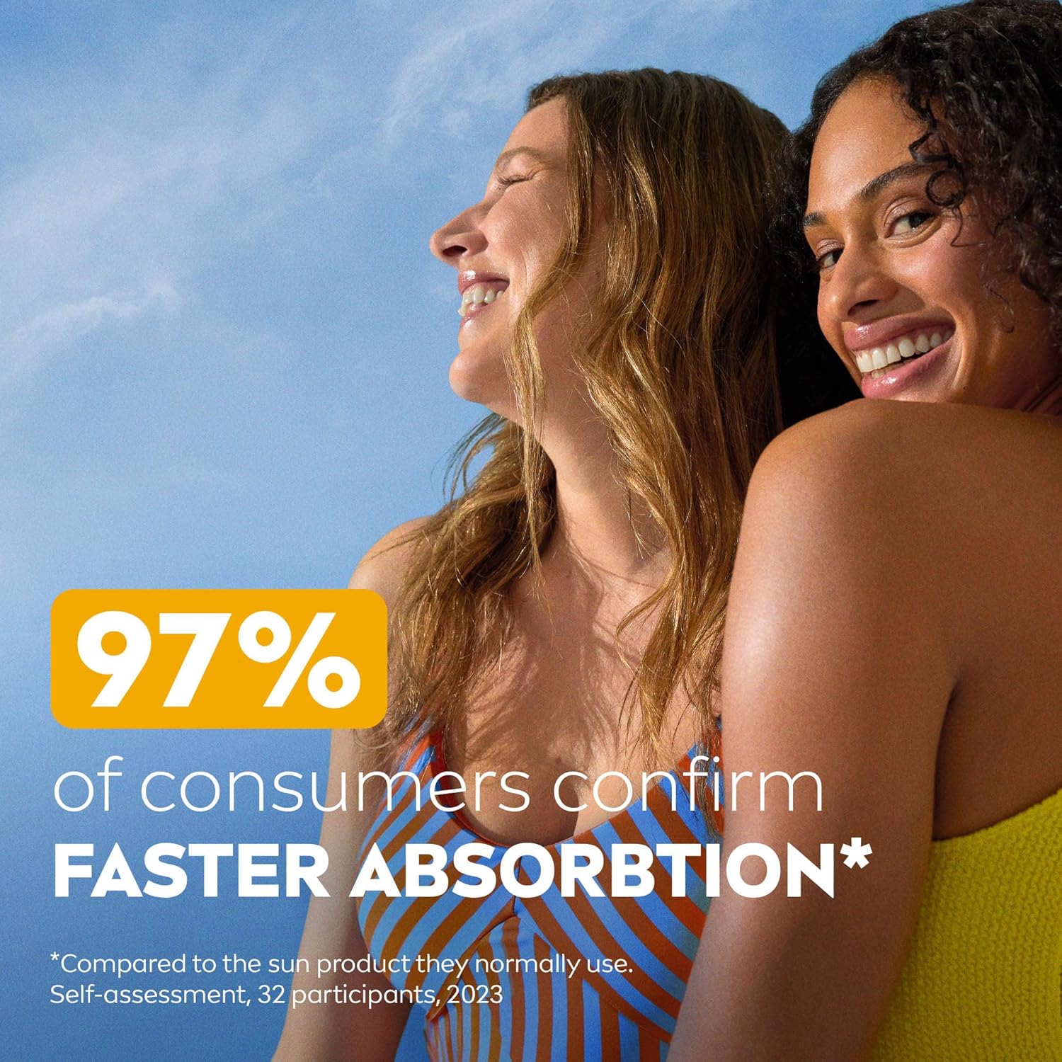 Two women smiling on a sunlit beach with fast-absorption statistic callout