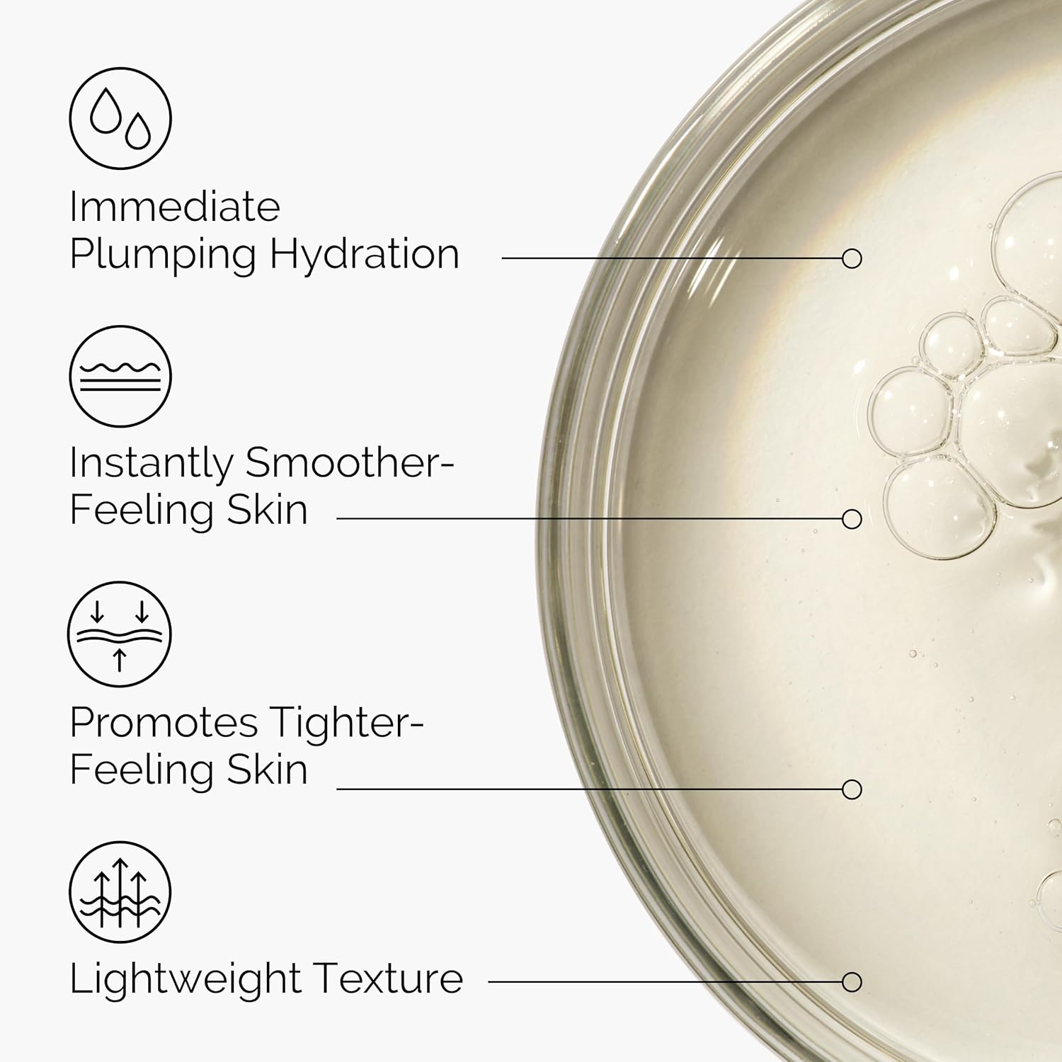 Close-up of The Ordinary Hyaluronic Acid serum texture with benefit callouts for hydration and plumper skin