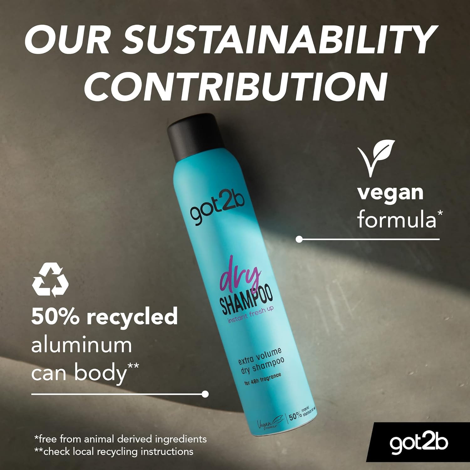 got2b dry shampoo sustainability credentials including vegan formula and 50 percent recycled aluminium can body