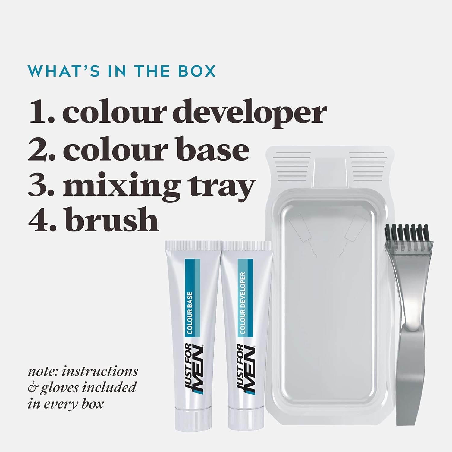 Contents of Just For Men beard dye kit laid out flat showing colour base developer brush mixing tray and gloves