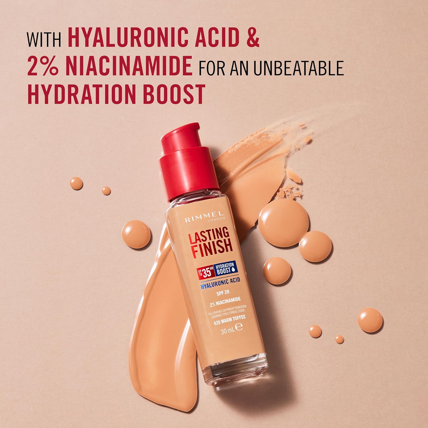 Rimmel Lasting Finish 35HR Foundation bottle with hyaluronic acid hydration boost headline