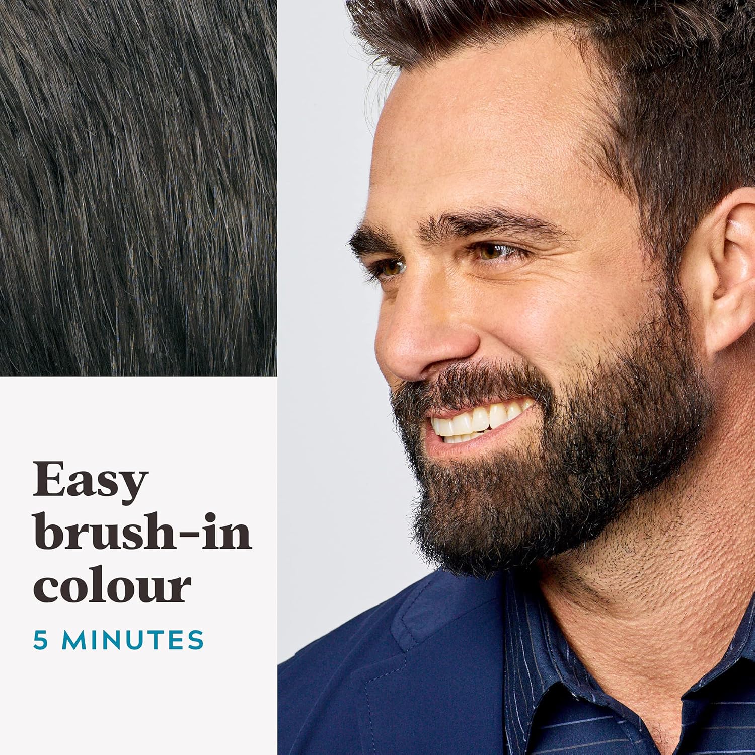 Man with well-groomed dark brown beard demonstrating easy brush-in colour application with five minute timer