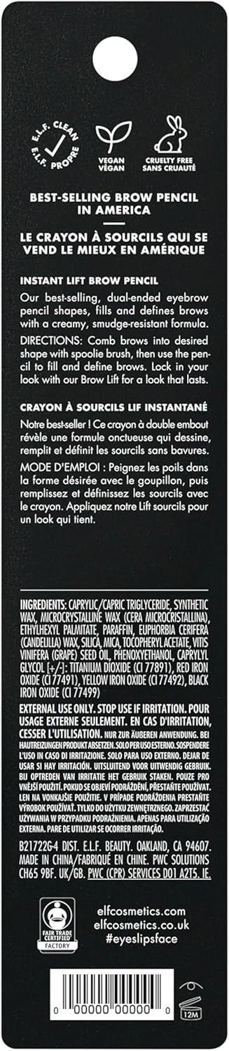 Back of e.l.f. Instant Lift Brow Pencil packaging with ingredients list, directions, and cruelty-free and vegan badges visible