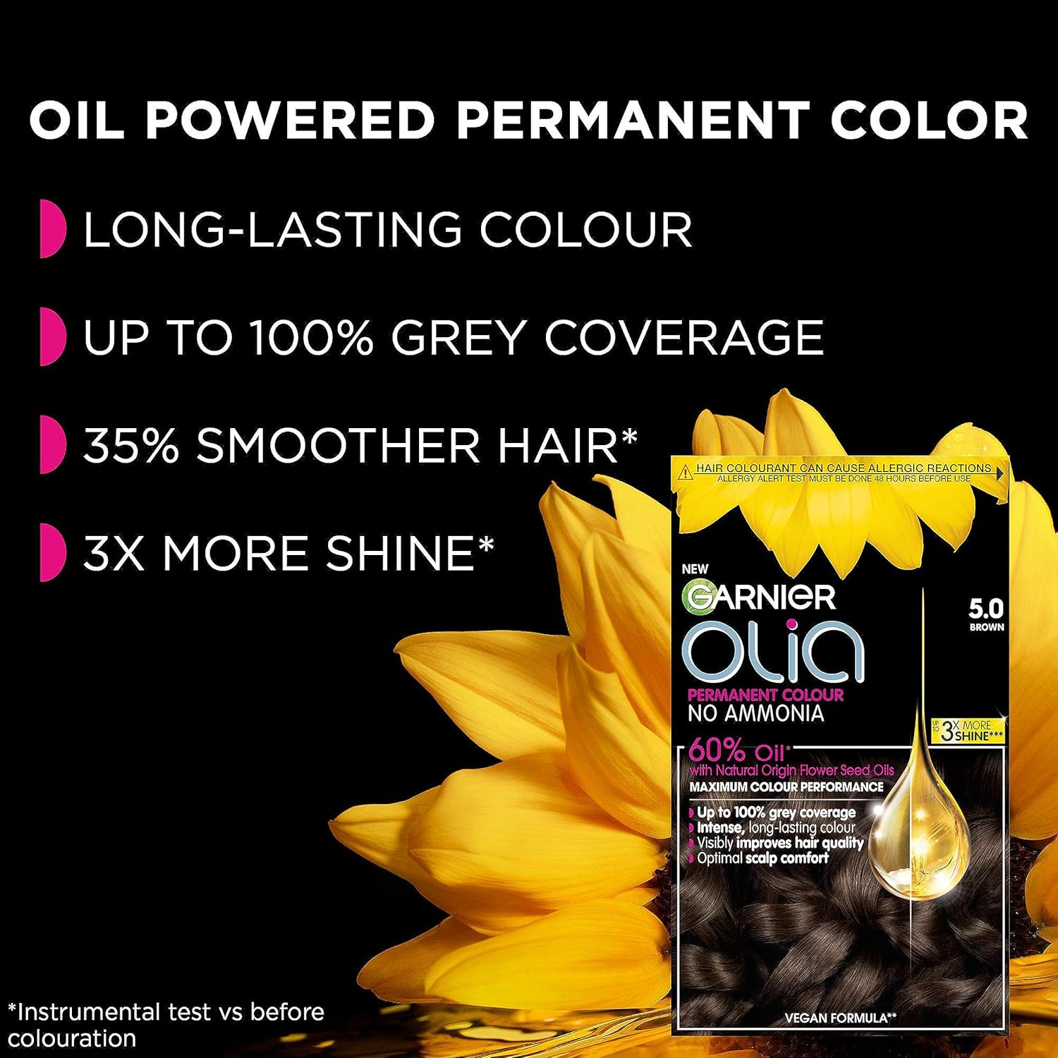 Garnier Olia key benefits showing long-lasting colour, grey coverage, smoother hair and enhanced shine