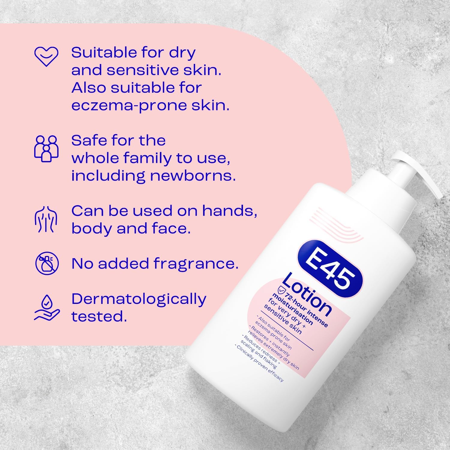 E45 key features and benefits list with product icons