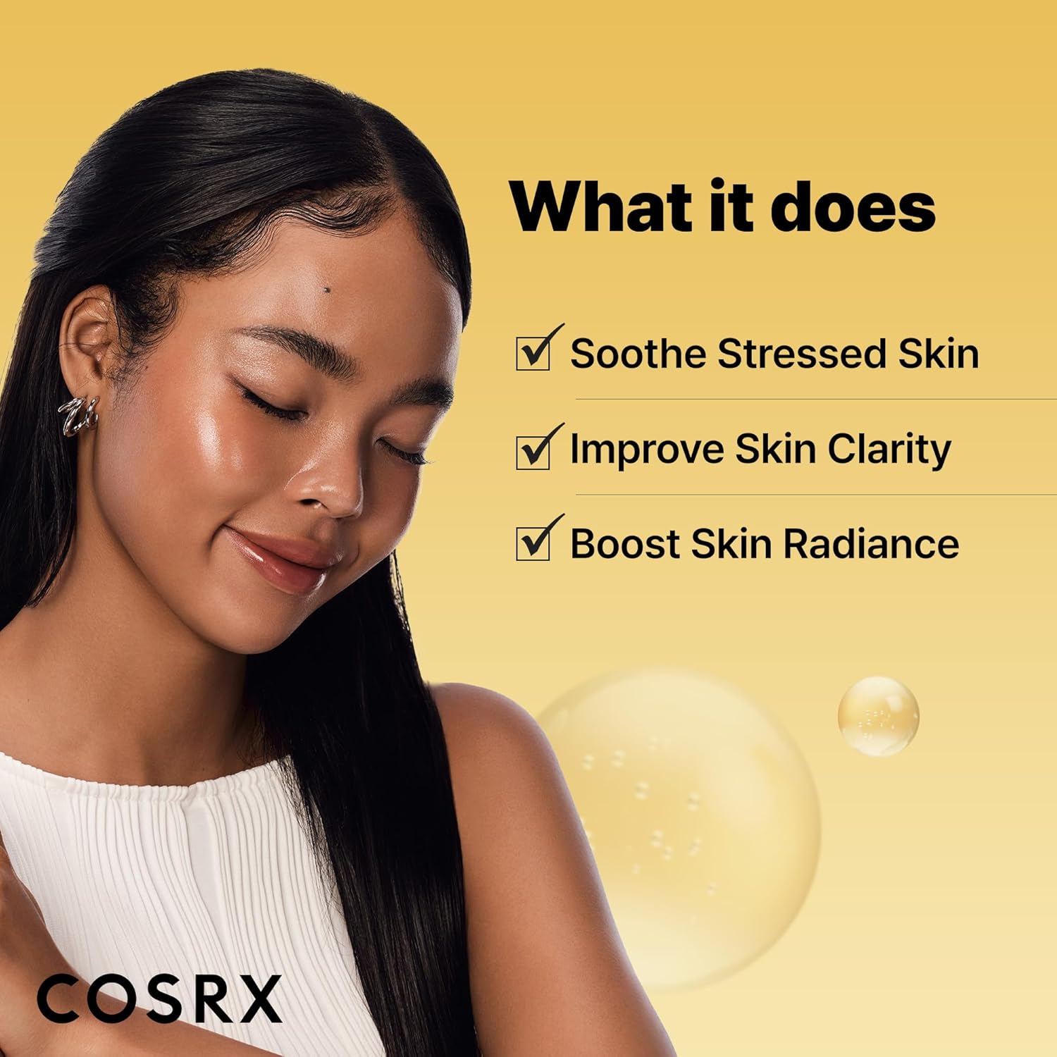 Model with glowing skin and checklist of COSRX Snail Mucin Essence benefits