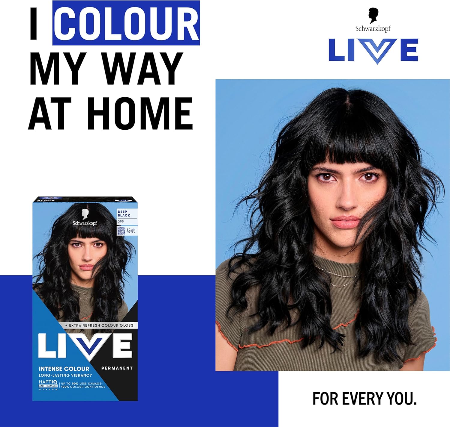 Model with long wavy glossy black hair after using Schwarzkopf LIVE Deep Black 099