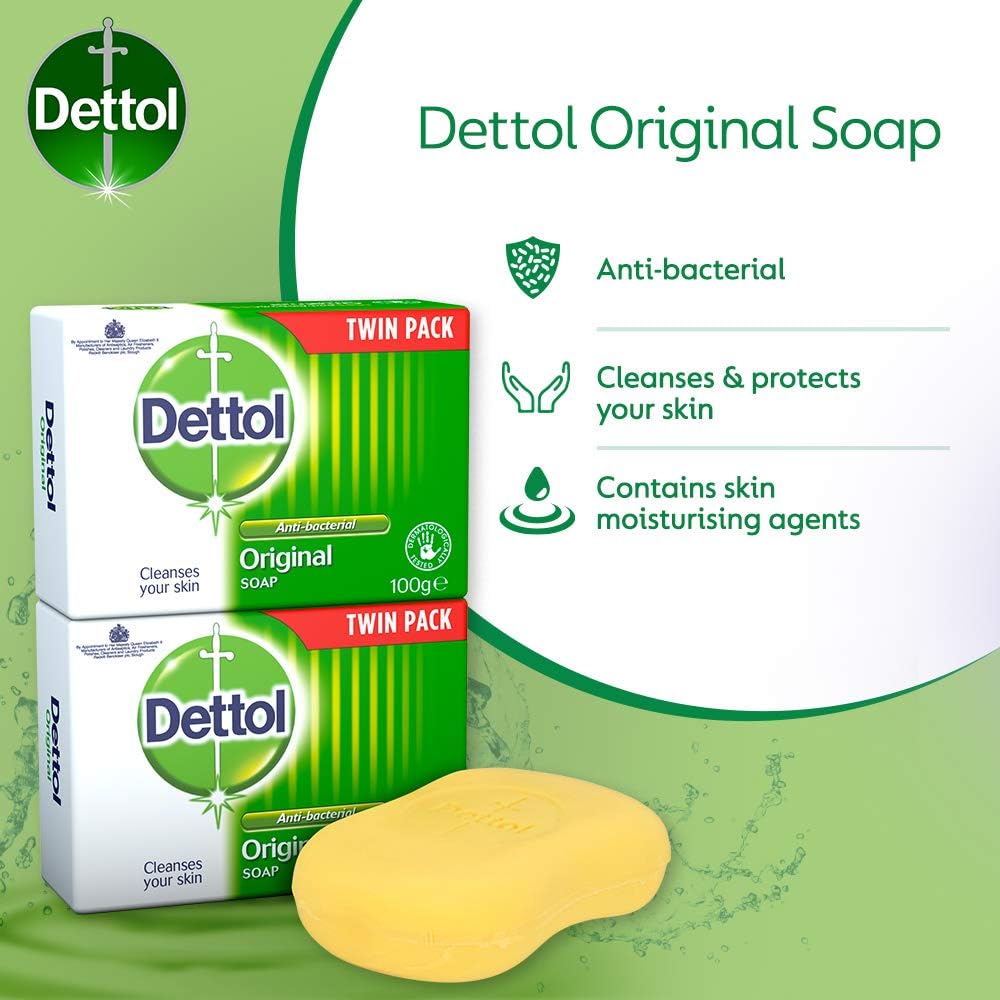 Dettol soap bars shown in original packaging on a neutral background
