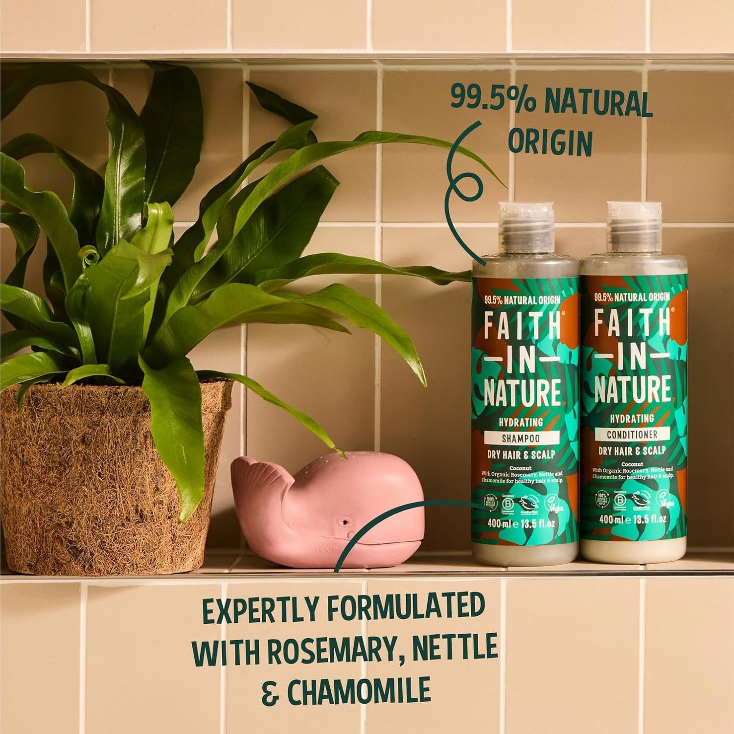 Faith In Nature Coconut Shampoo bottle and packaging shown together for context