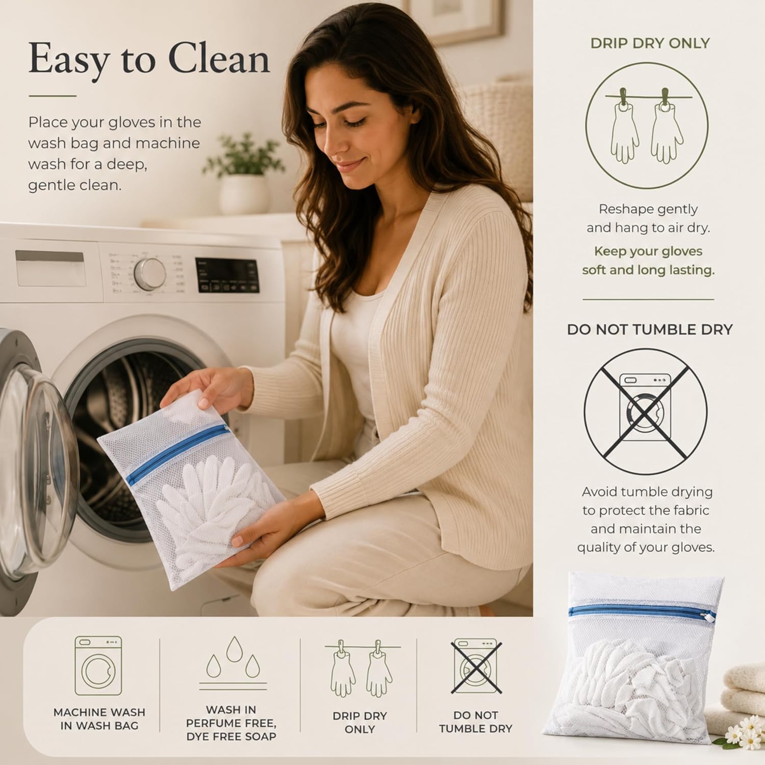 White cotton gloves being placed into the included mesh wash bag in front of a washing machine, with drip dry and do not tumble dry care symbols