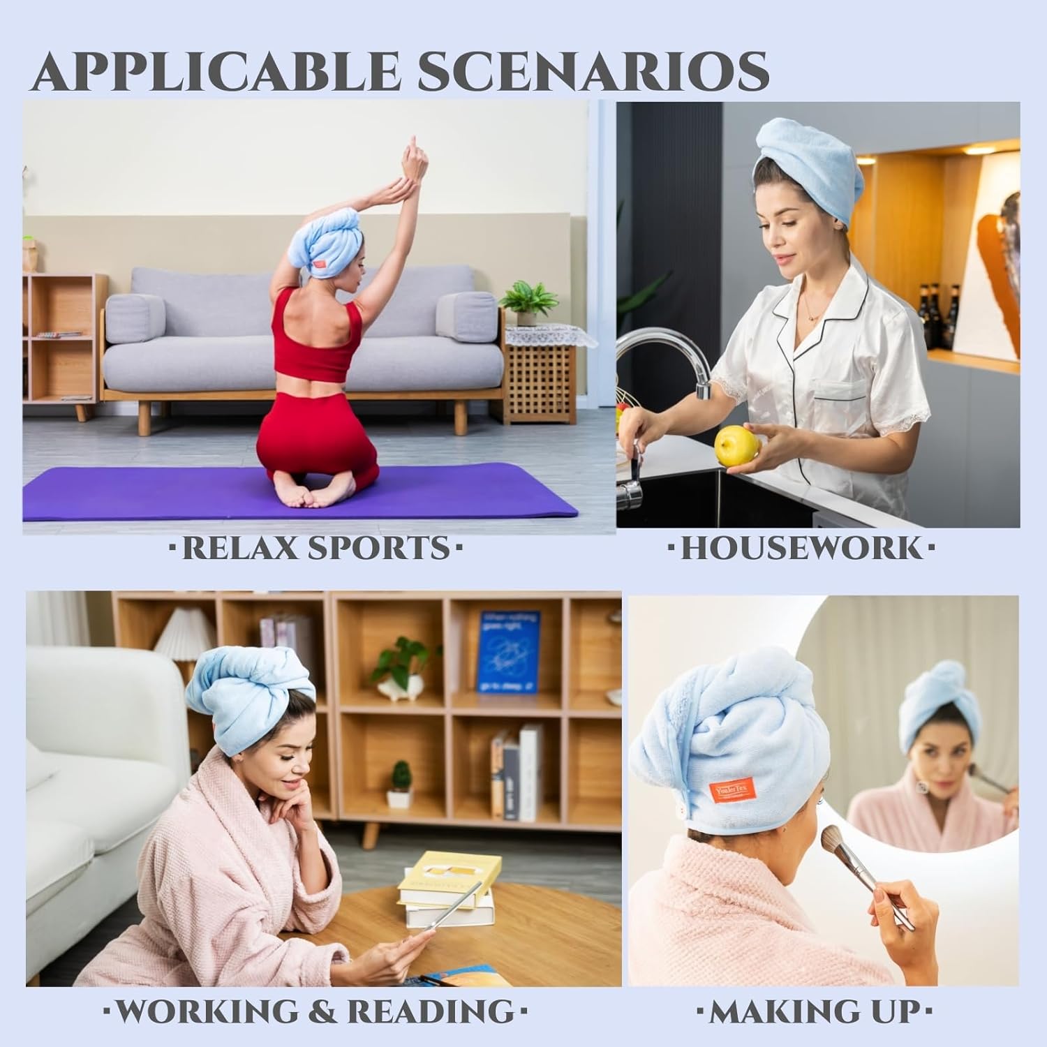 Four usage scenarios from the YoulerTex listing showing the microfibre hair turban worn during sport, housework, reading and a make-up routine