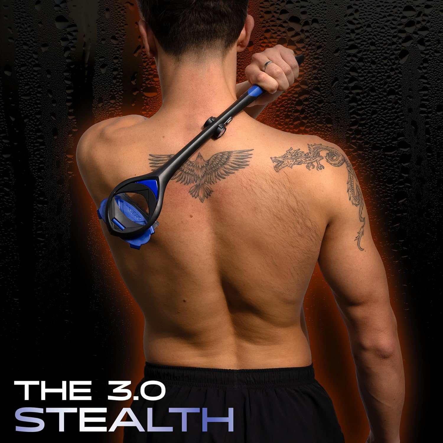 Man using the BakBlade 3.0 Stealth long handle back shaver across his upper back