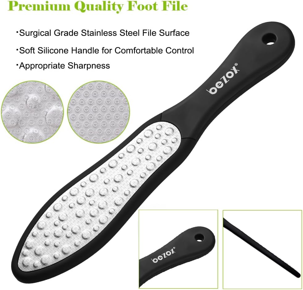 BEZOX spec panel listing Surgical Grade Stainless Steel File Surface, Soft Silicone Handle for Comfortable Control and Appropriate Sharpness, beside the coarse side of the file
