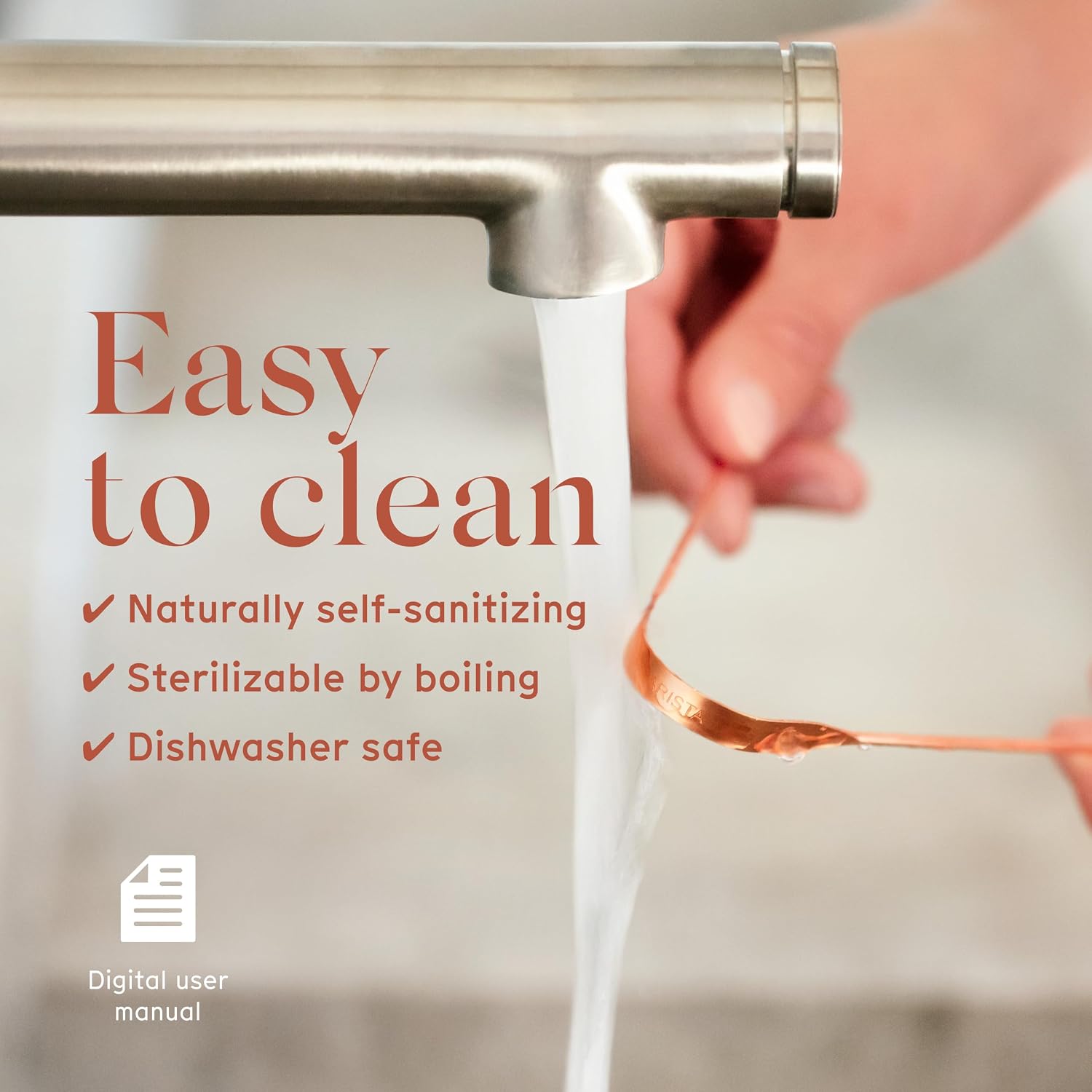 The Arista copper tongue scraper rinsed under a running tap, with listing claims that it is naturally self-sanitizing, sterilizable by boiling and dishwasher safe