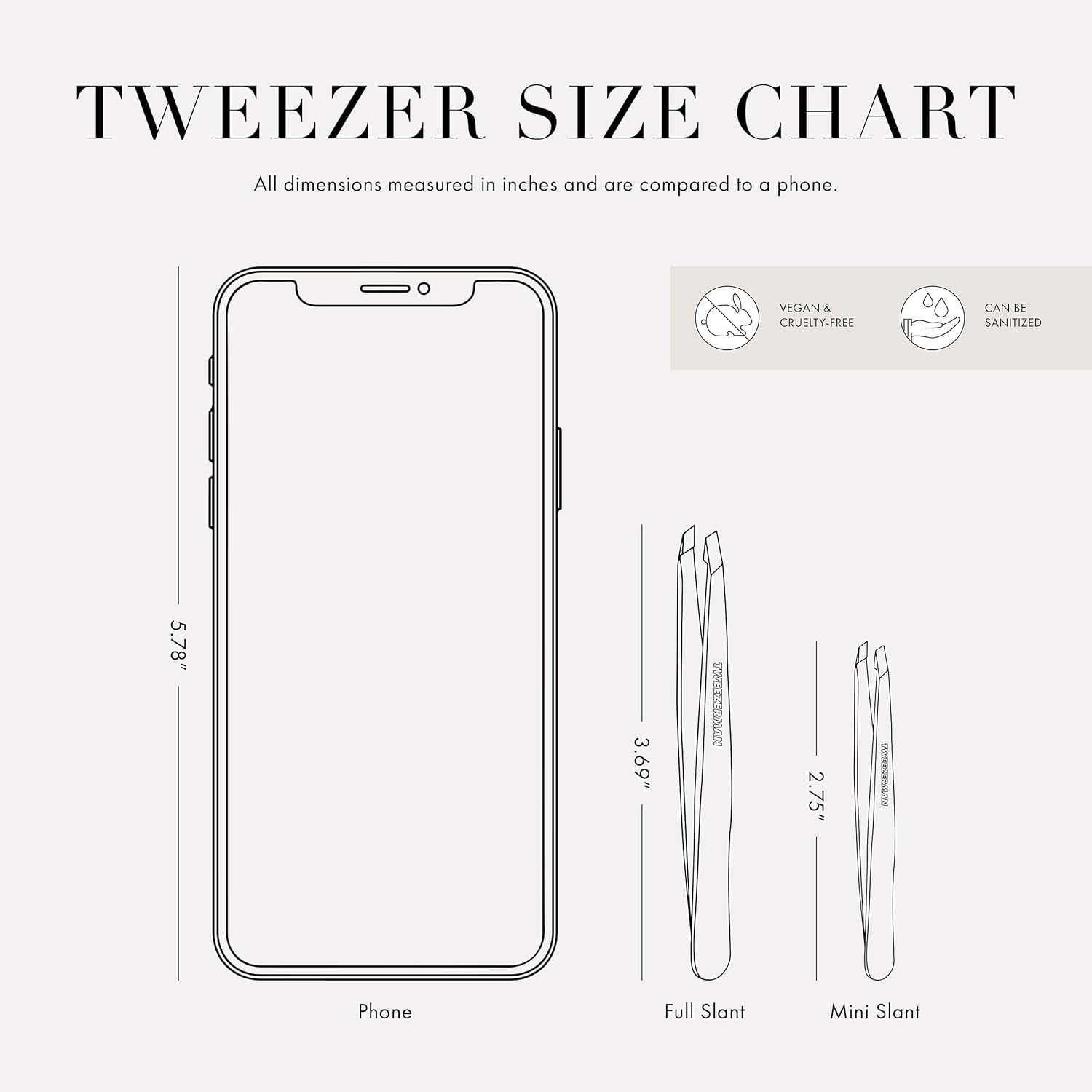 Tweezerman size chart comparing the 2.75 inch Mini Slant with the 3.69 inch Full Slant against a phone