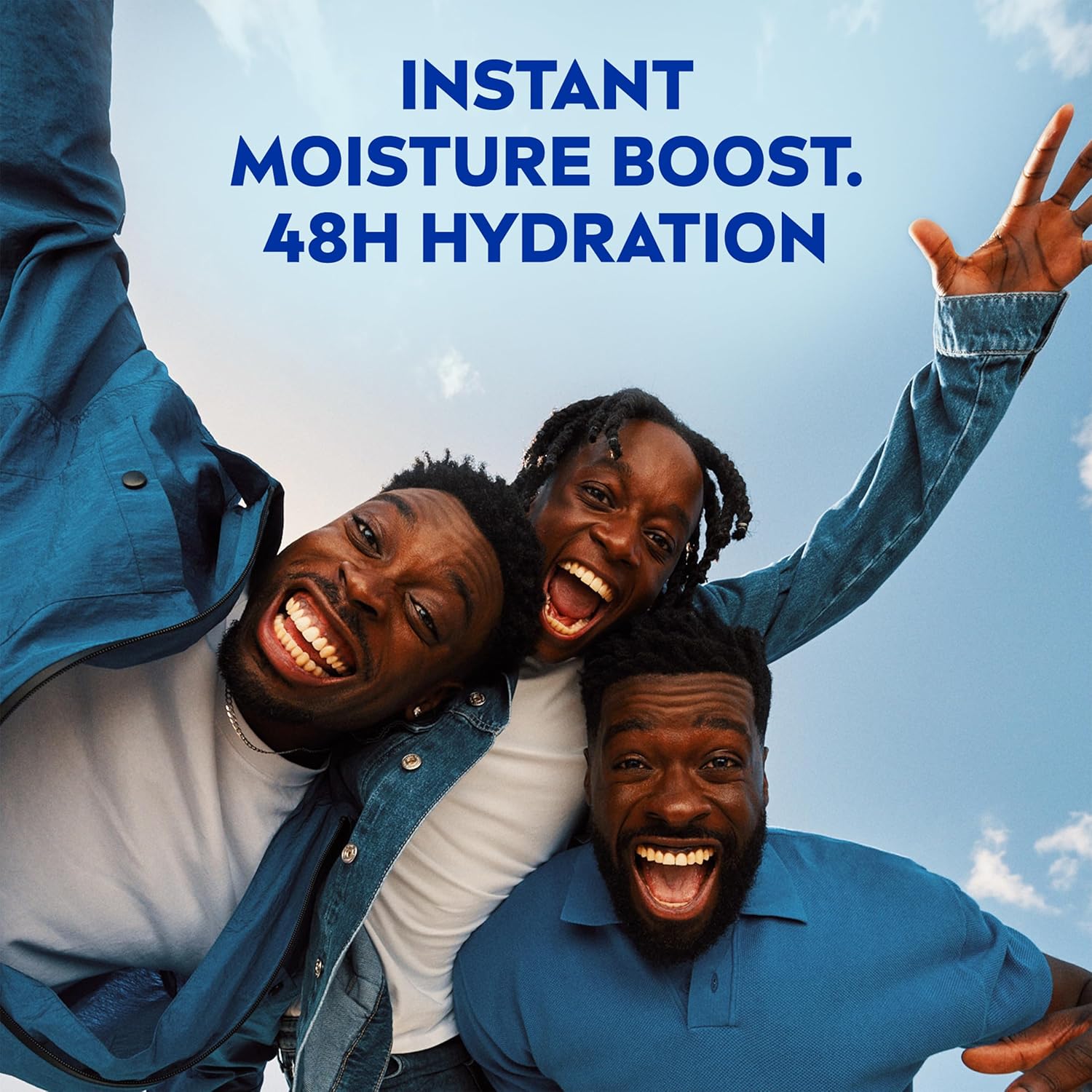 Three friends smiling under a blue sky with NIVEA instant moisture boost messaging
