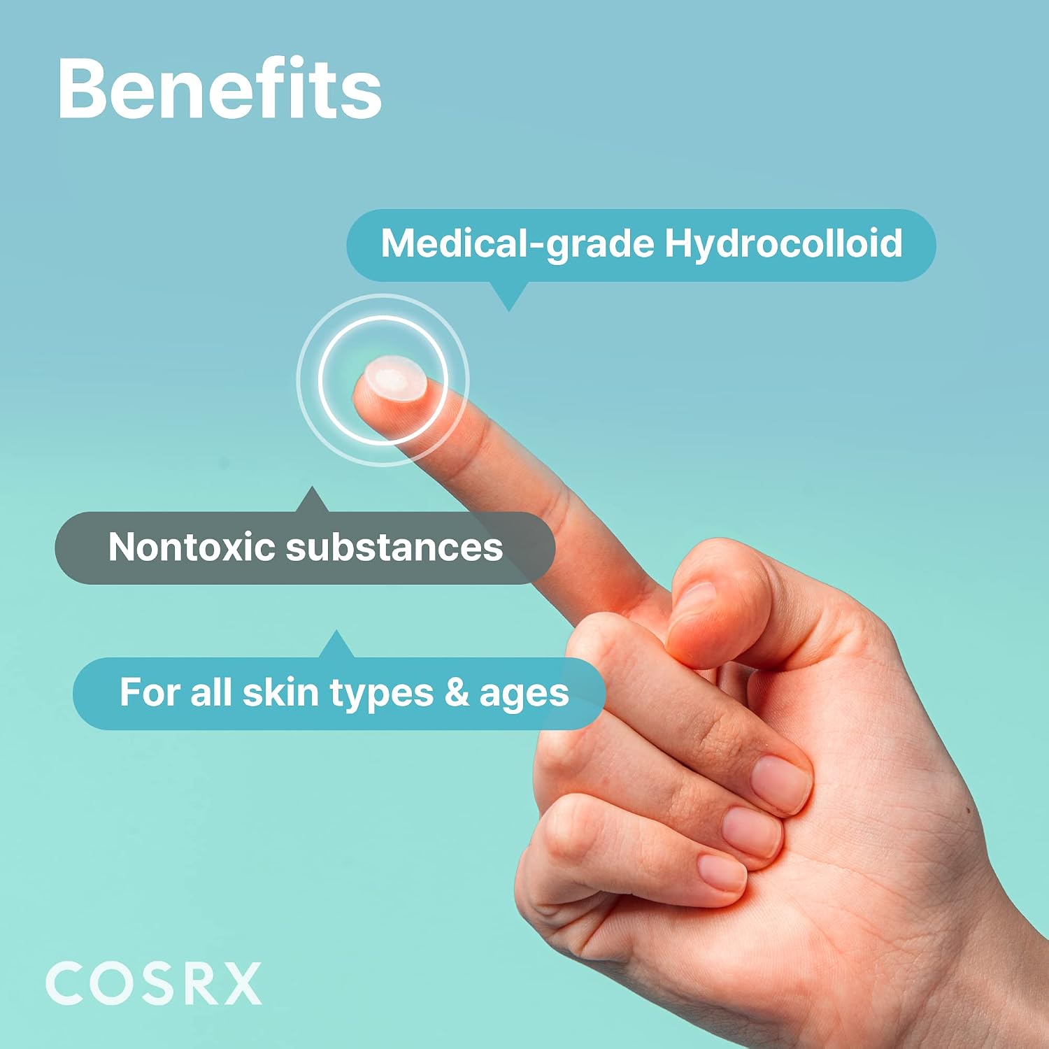 COSRX benefits graphic describing a medical-grade hydrocolloid patch suitable for all skin types