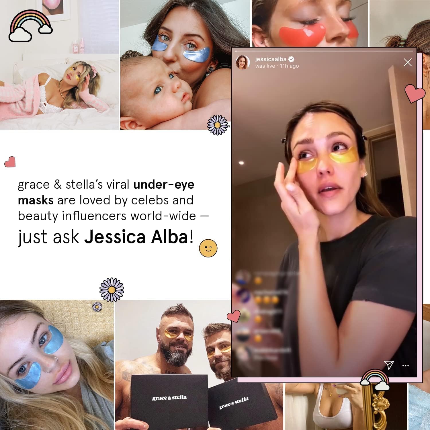 Collage of social media users and Jessica Alba wearing grace & stella under-eye patches