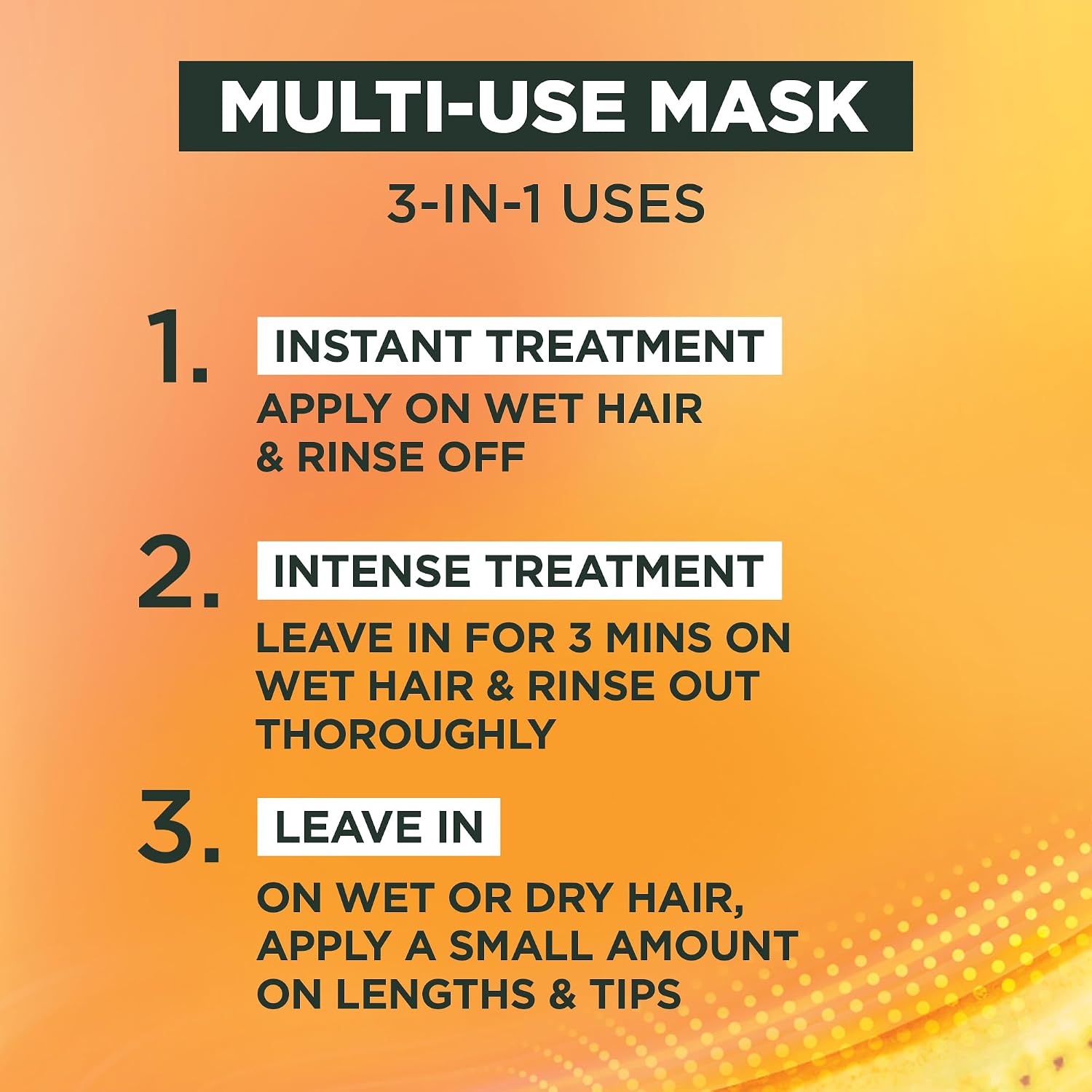 Garnier listing panel showing the three ways to use the multi-use mask: instant treatment, intense treatment and leave-in