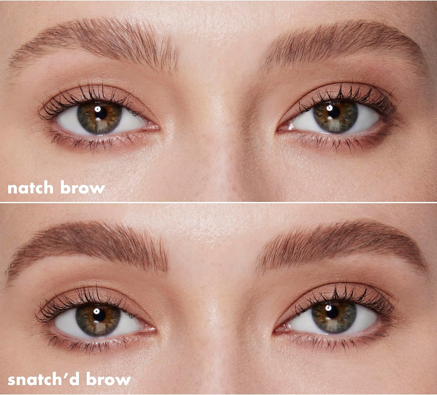Before and after comparison from the e.l.f. listing showing natural undefined brows above and filled, defined brows below