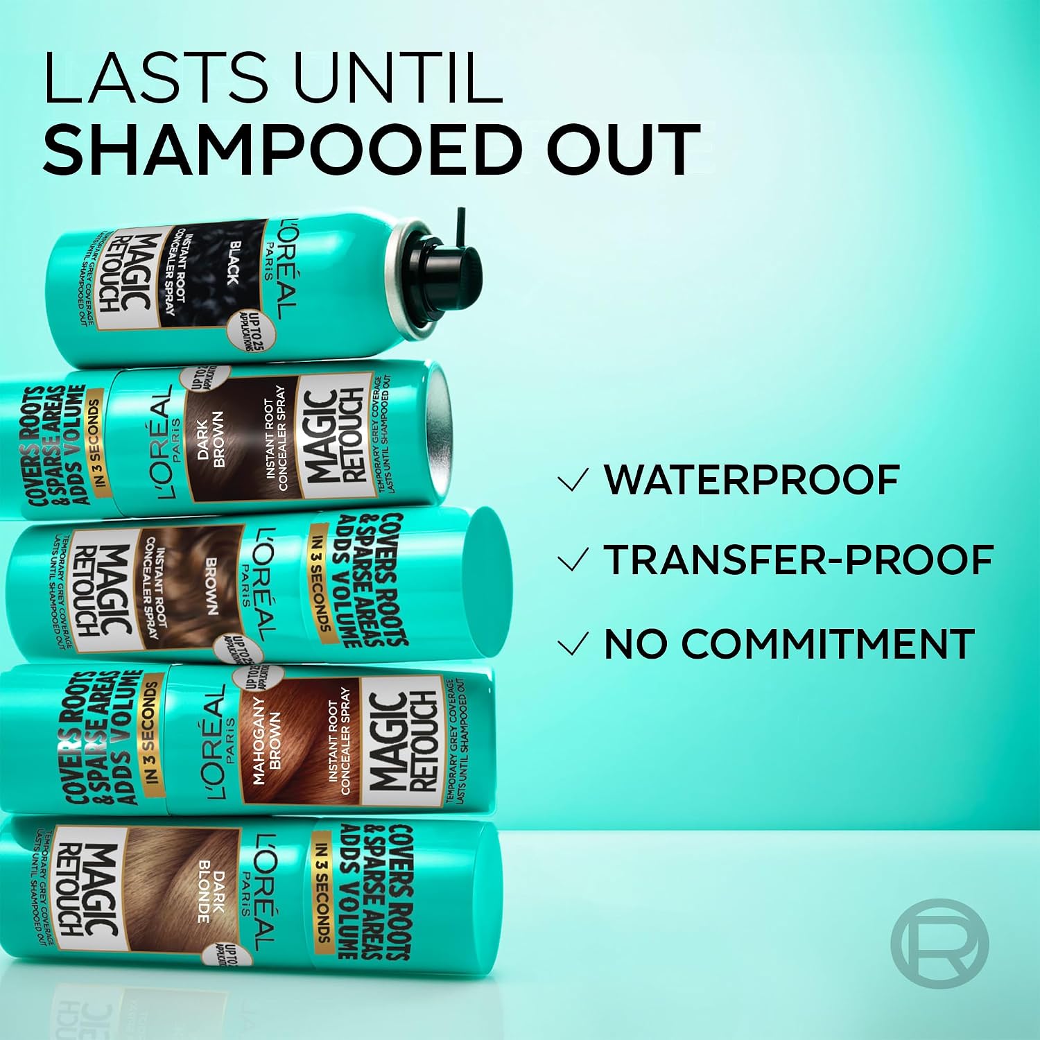 Stacked Magic Retouch cans on the listing panel claiming waterproof, transfer-proof coverage that lasts until shampooed out