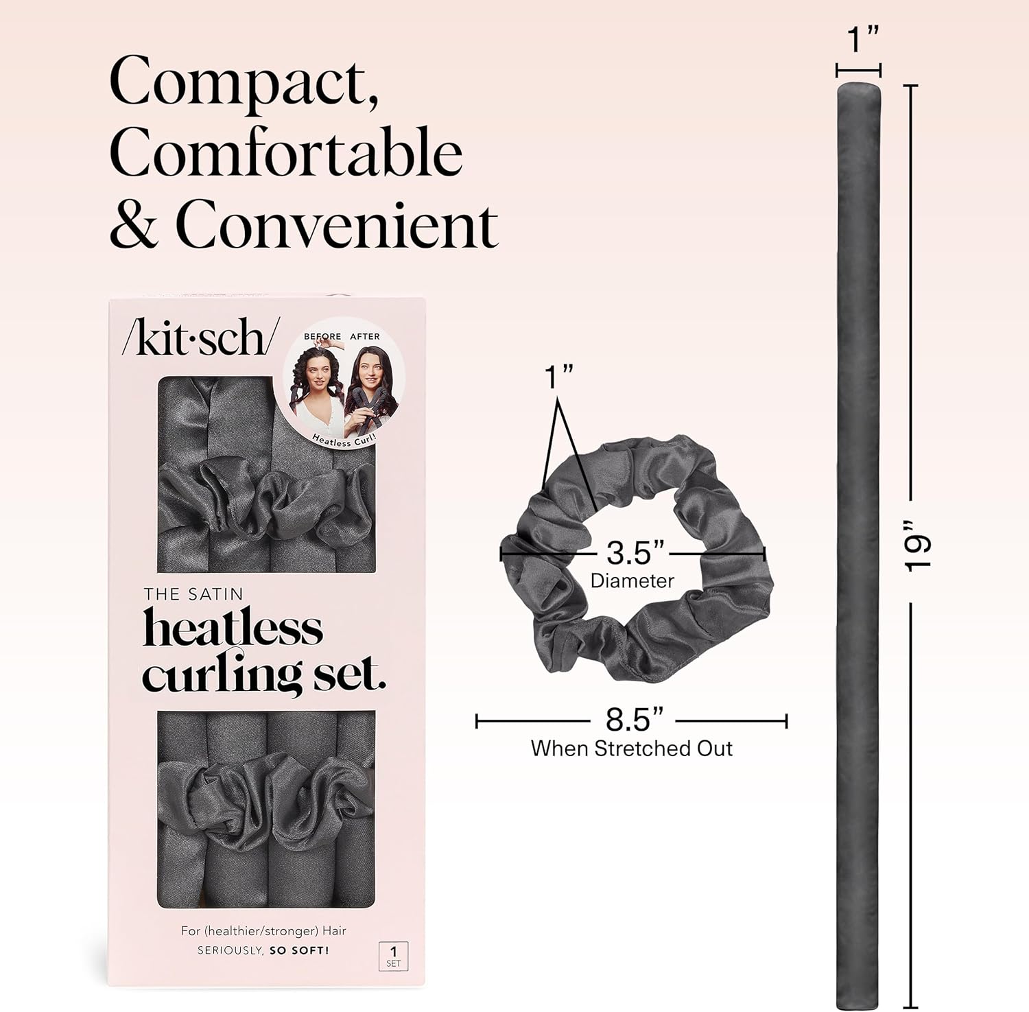Kitsch sizing diagram showing the rod at 19 inches long and 1 inch thick beside a 3.5 inch diameter scrunchie