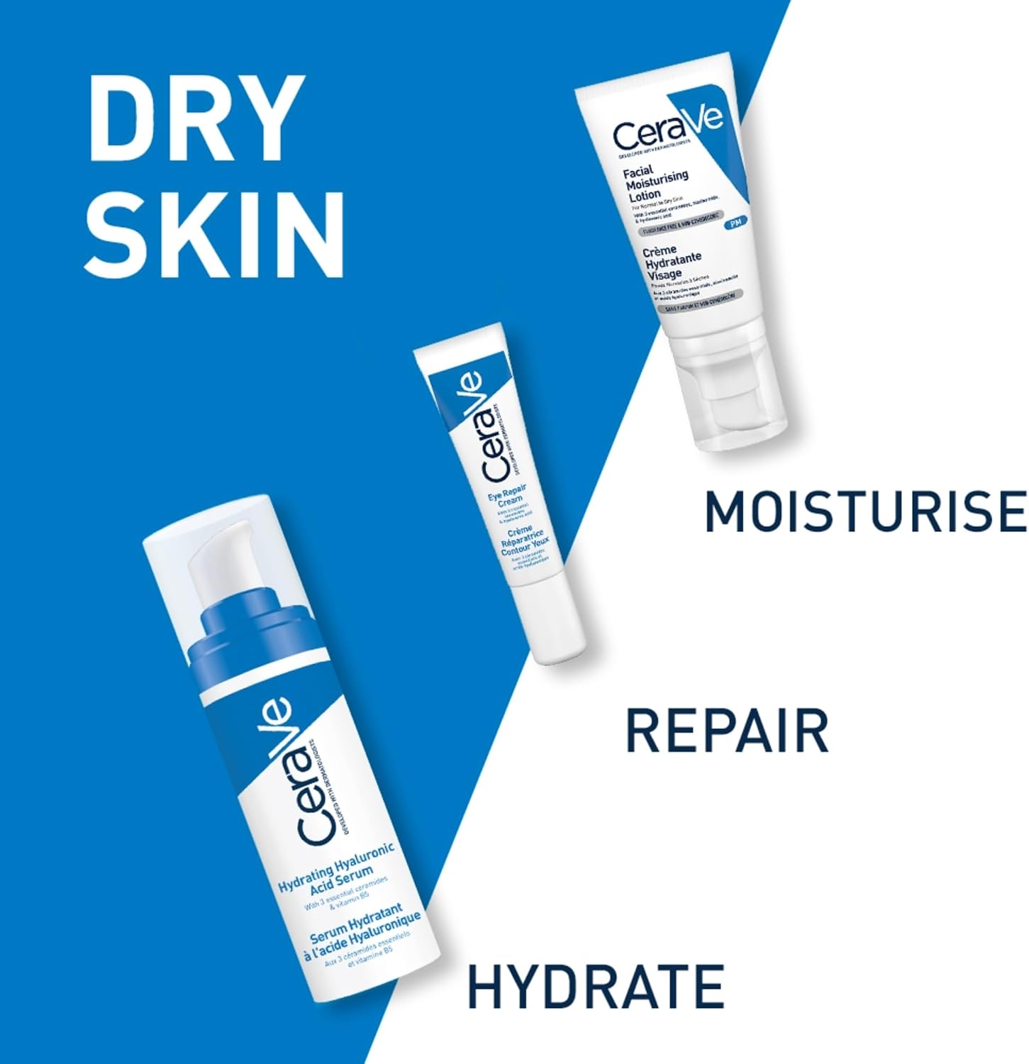 CeraVe dry skin range including the PM Facial Moisturising Lotion, eye repair cream and hyaluronic serum