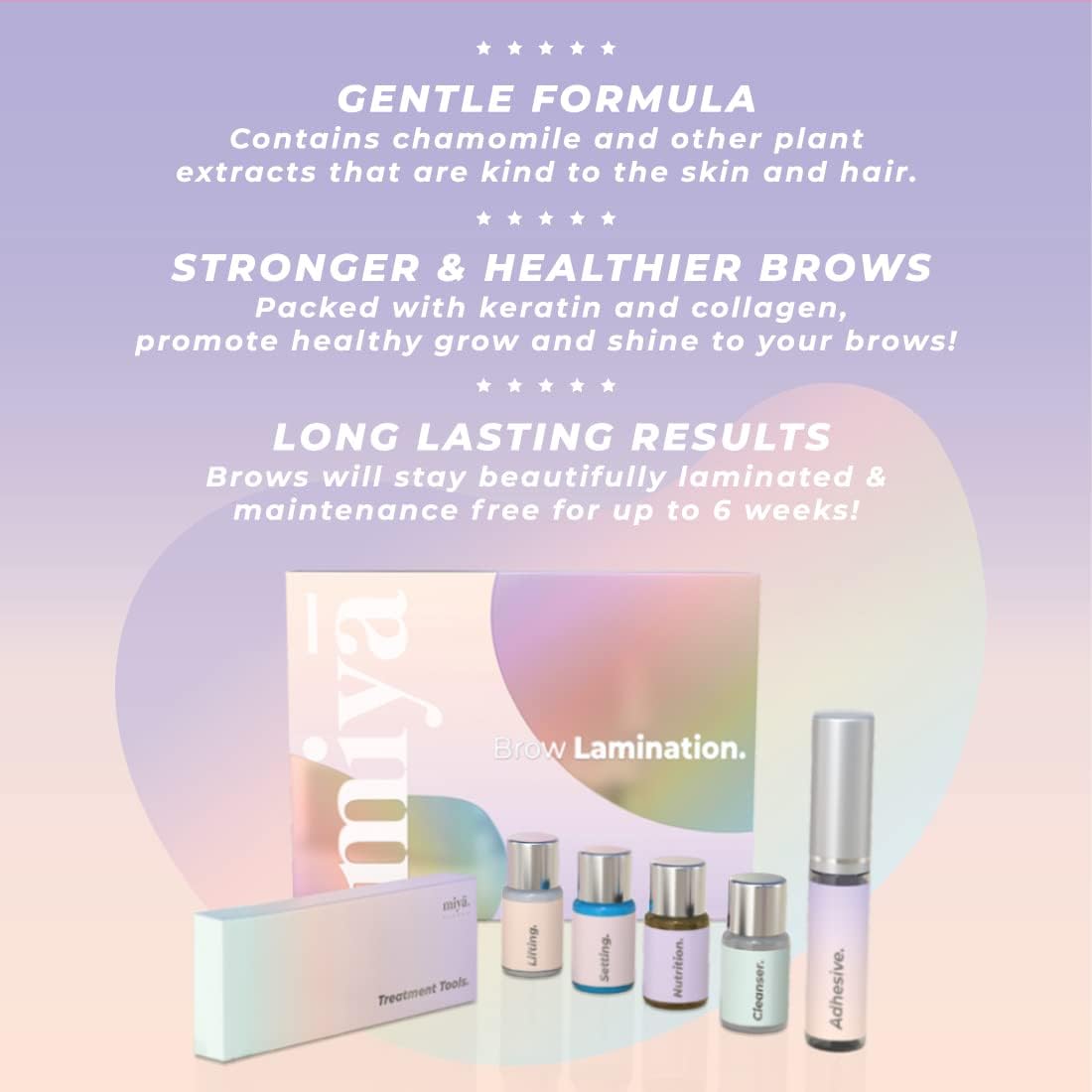 MIYA LASH box and bottles beside claims of a gentle chamomile formula with keratin and collagen and results lasting up to six weeks