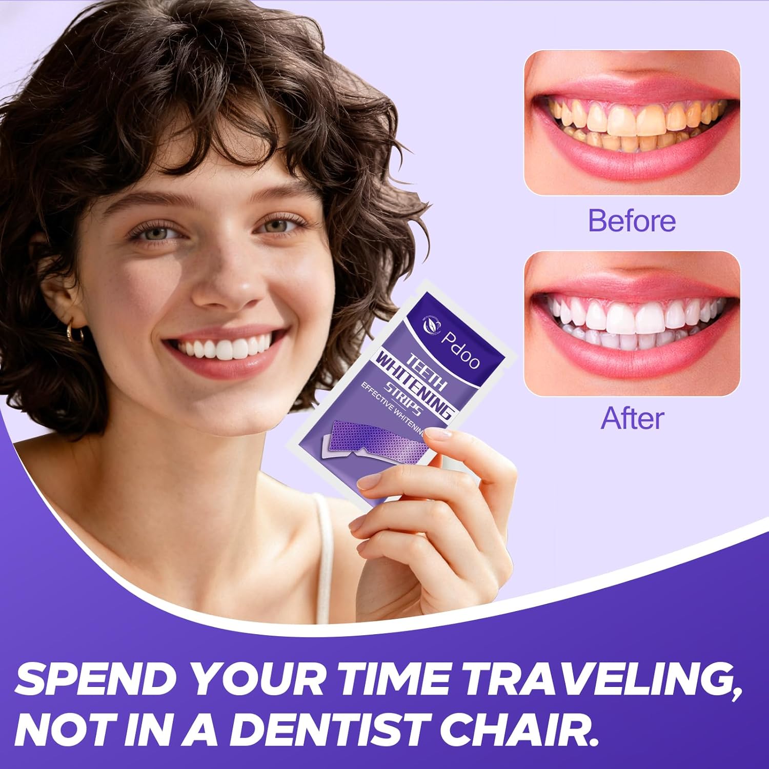Hand holding a single Pdoo sachet next to before and after close ups of a smile