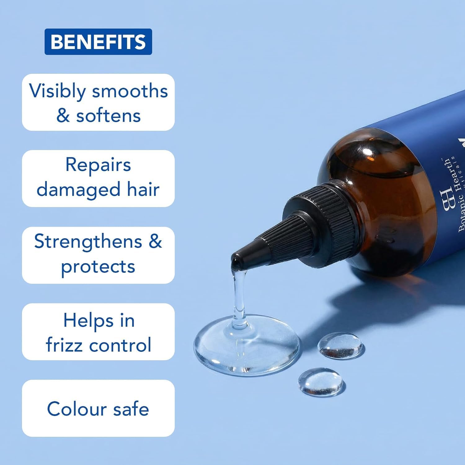 Clear oil running from the nozzle applicator beside a listing benefits panel ending with colour safe