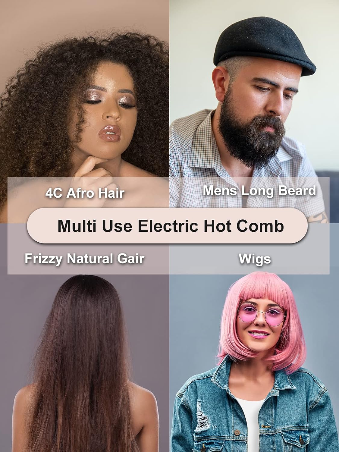 janelove listing panel captioned Multi Use Electric Hot Comb with four quadrants labelled 4C Afro Hair, Mens Long Beard, Frizzy Natural Gair and Wigs