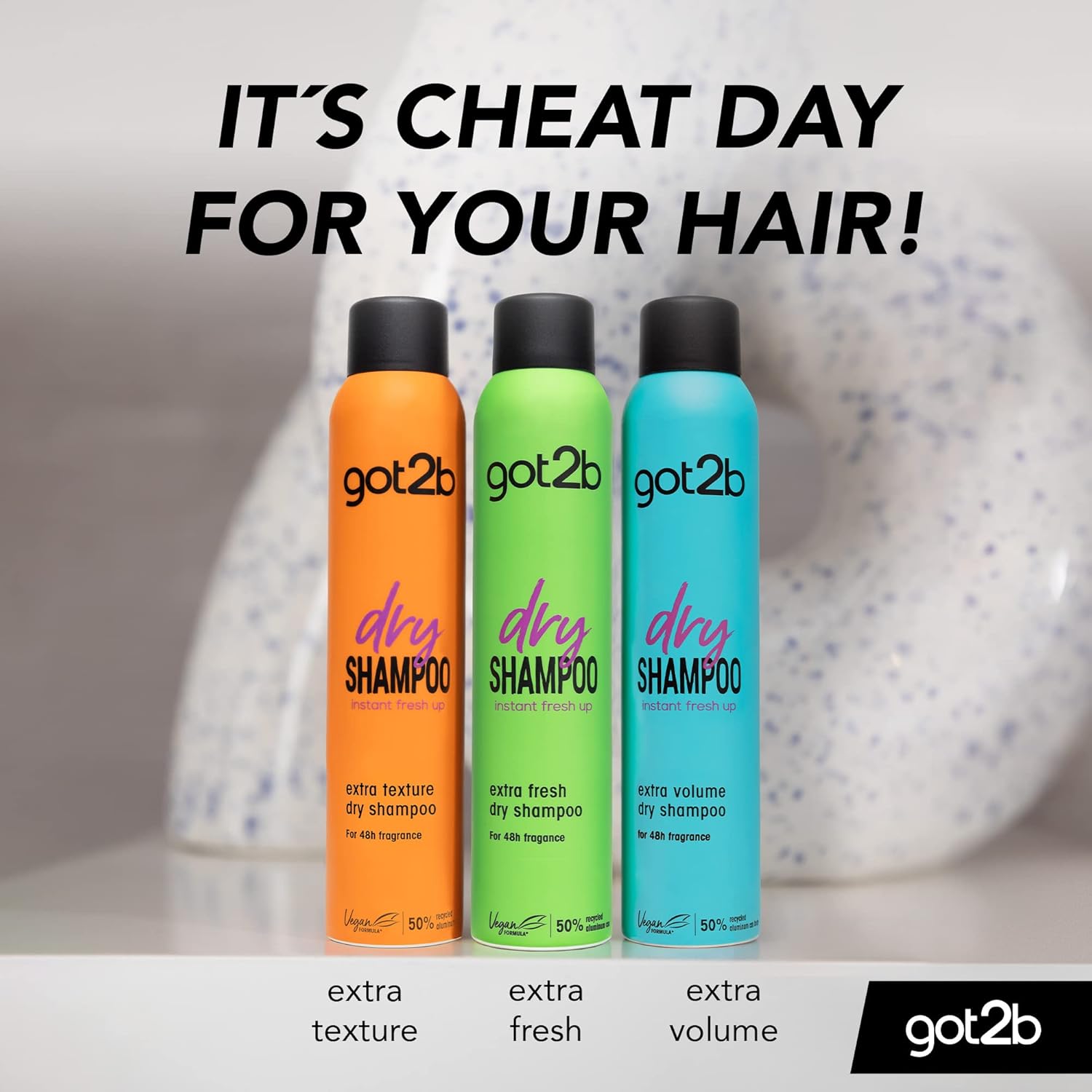 got2b dry shampoo range showing Extra Texture, Extra Fresh and Extra Volume variants