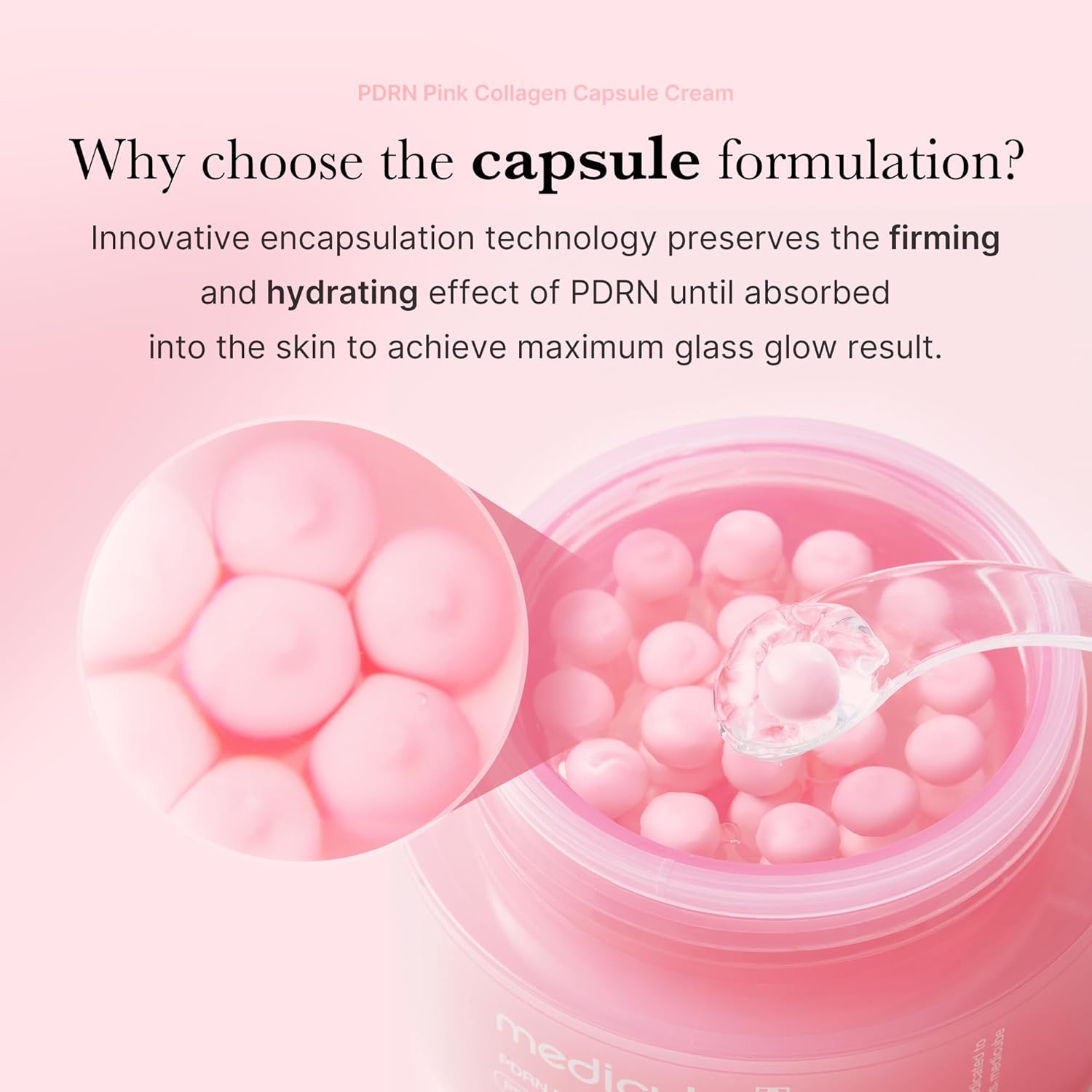 Close-up of the pink PDRN capsules in clear gel with a spatula lifting one capsule from the jar