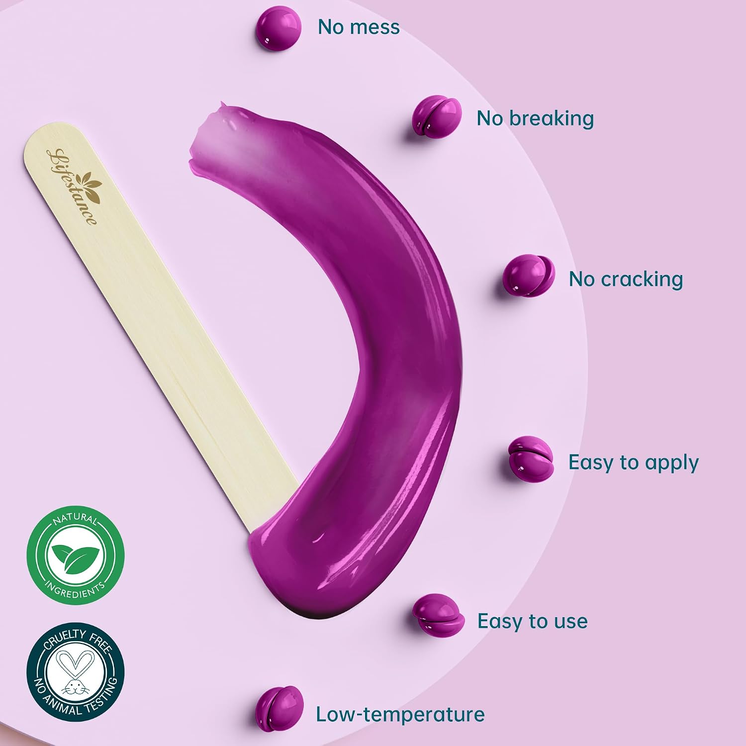 Glossy purple wax stroke beside a Lifestance wooden spatula, labelled no mess, no breaking, no cracking, easy to apply, easy to use and low-temperature, with roundels reading natural ingredients and cruelty free no animal testing
