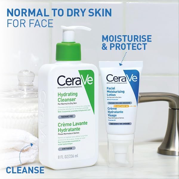 CeraVe cleanser and AM moisturising lotion paired together in a skincare routine shot