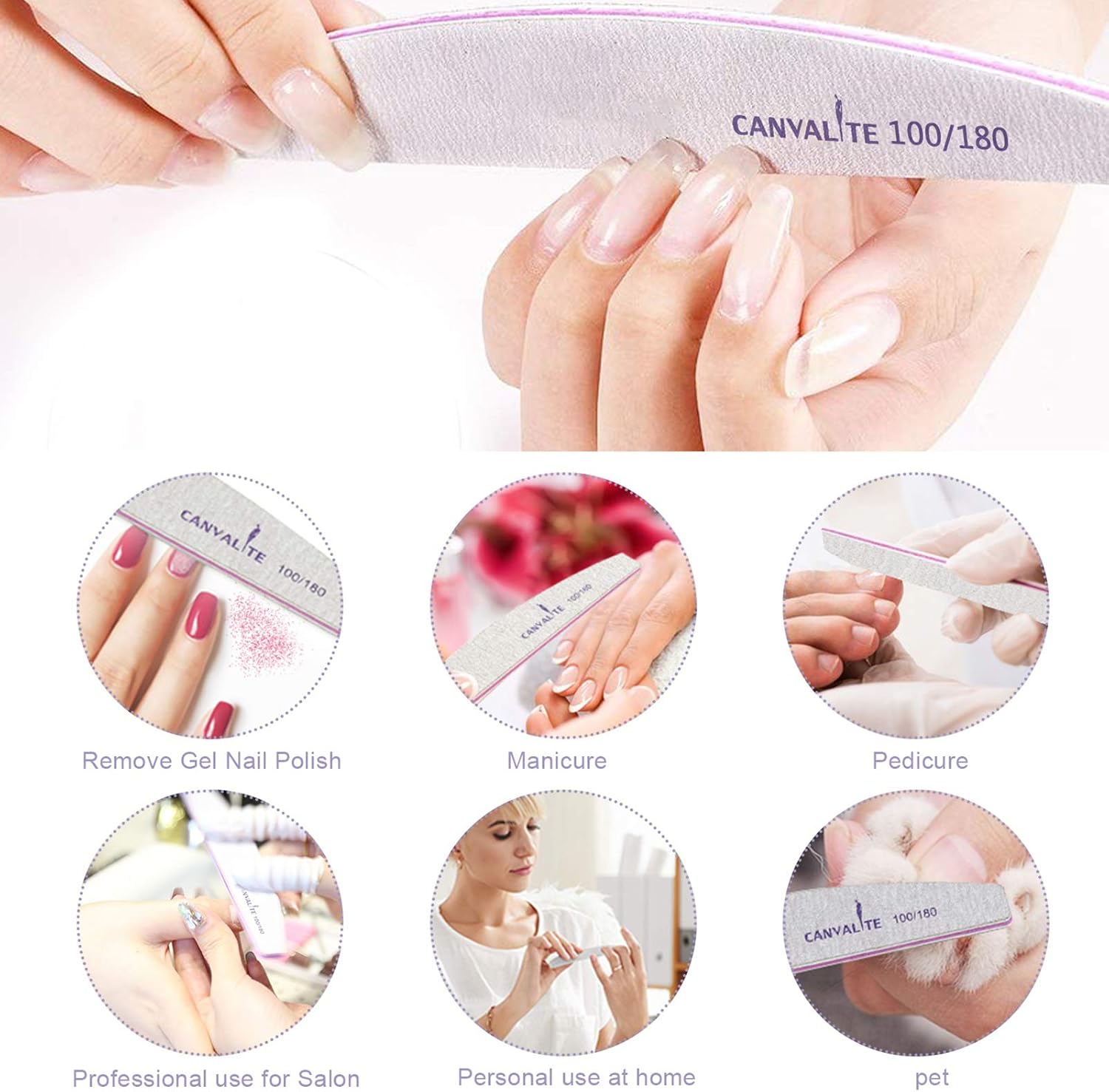 Lifestyle collage showing the nail files used for gel removal, manicure, pedicure, salon and home use cases